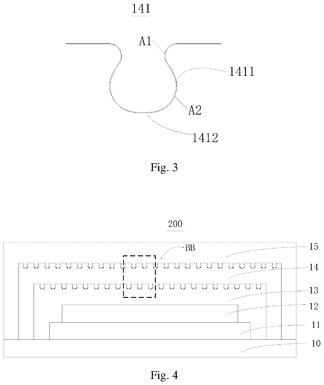 Display panel having thin film layers with recesses and protrusions