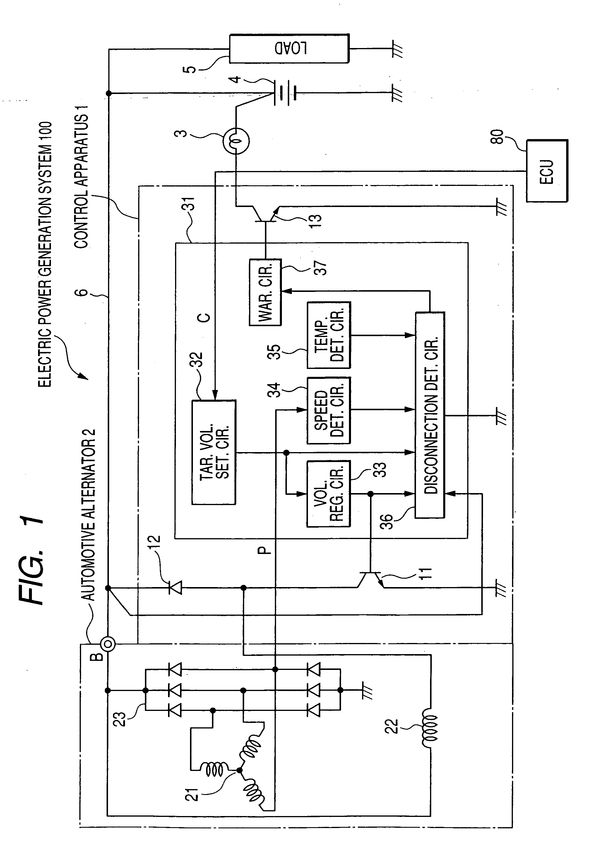 Control apparatus for automotive alternator having capability of reliably detecting disconnection between alternator and battery