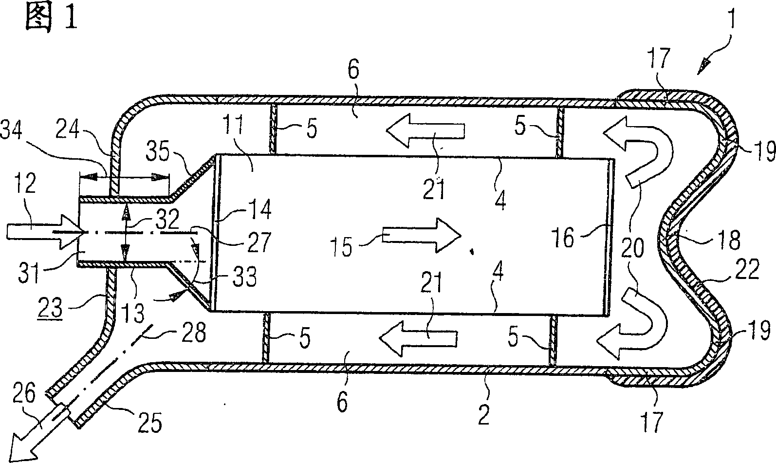 Exhaust gas after-treatment unit with countercurrent housing and corresponding process for exhaust gas after-treatment