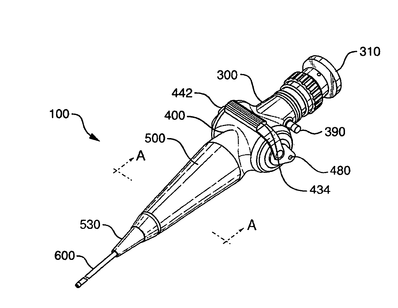 Endoscope with internal light source and power supply