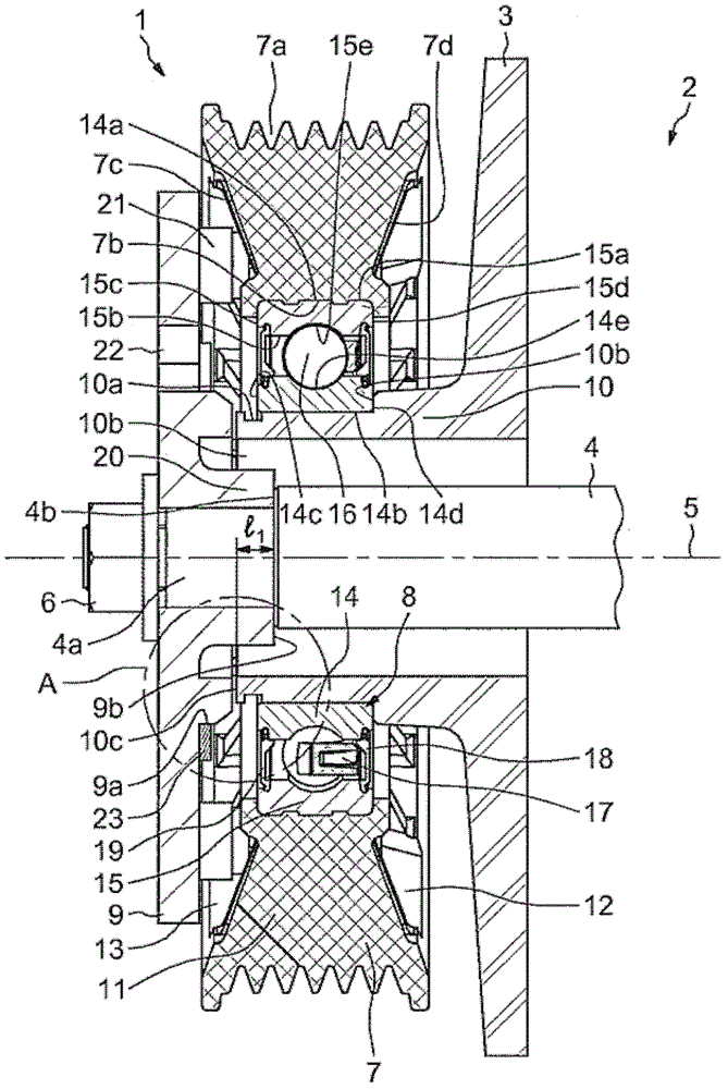 Pre-assembled pulley device with elastic ring and method of installing same