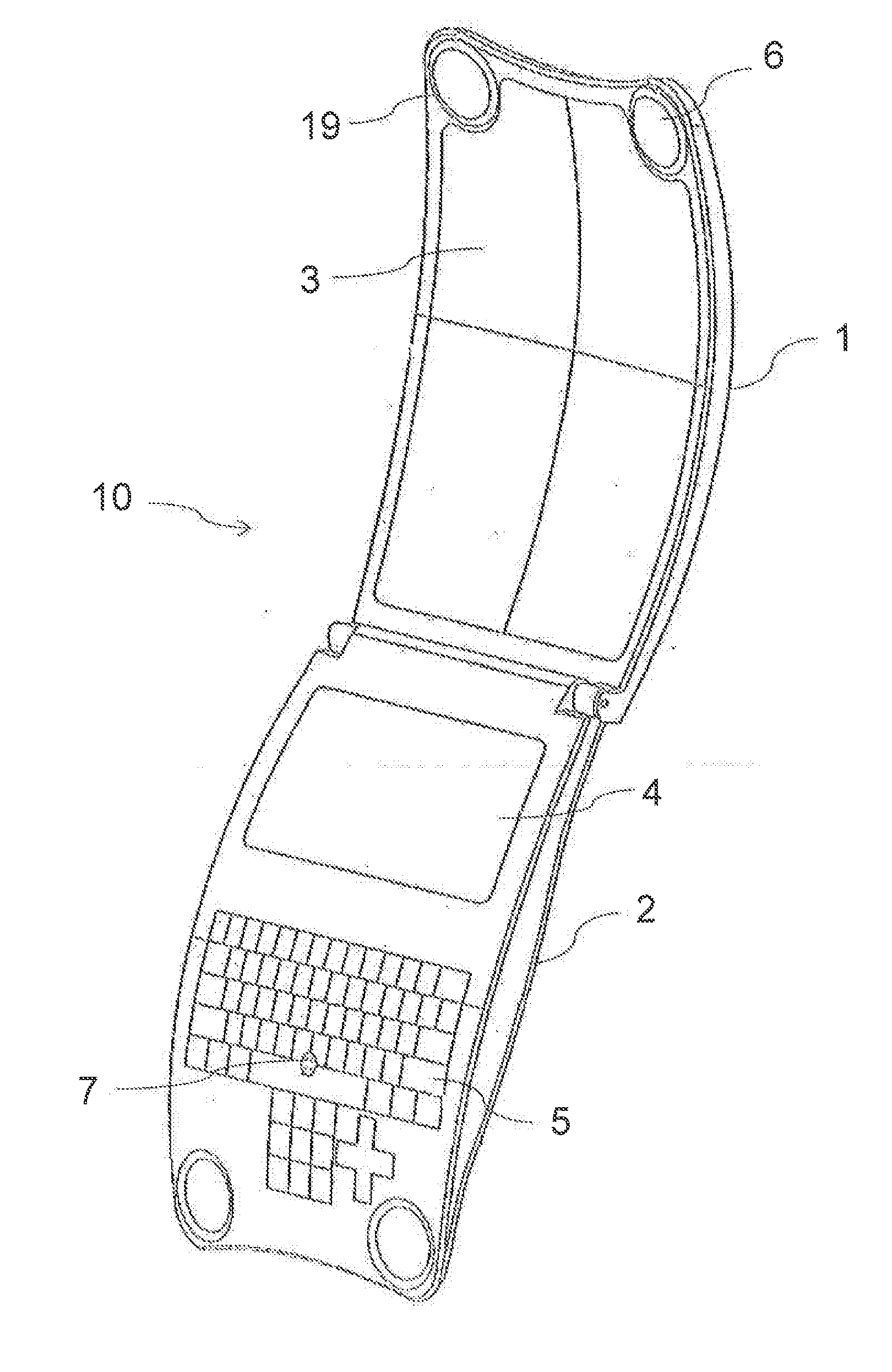 Foldable curved wireless communication device for insertion into hip pocket