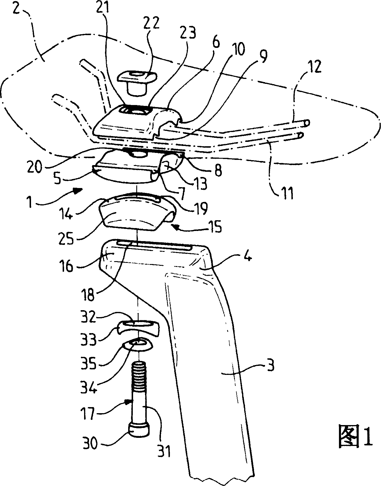 Fixation device of a saddle on the head of the saddle pin.