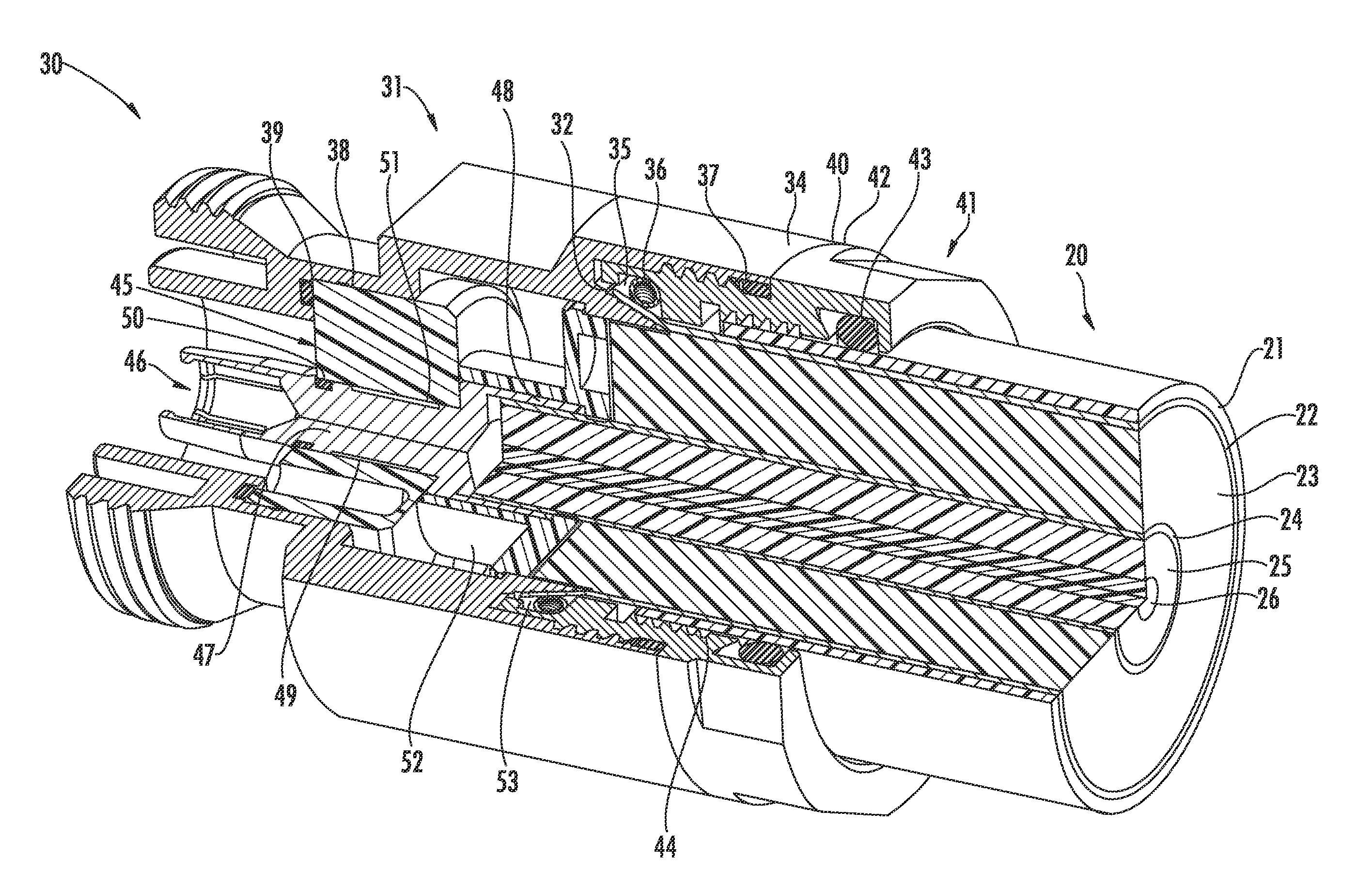 Connector for coaxial cable having rotational joint between insulator member and connector housing and associated methods