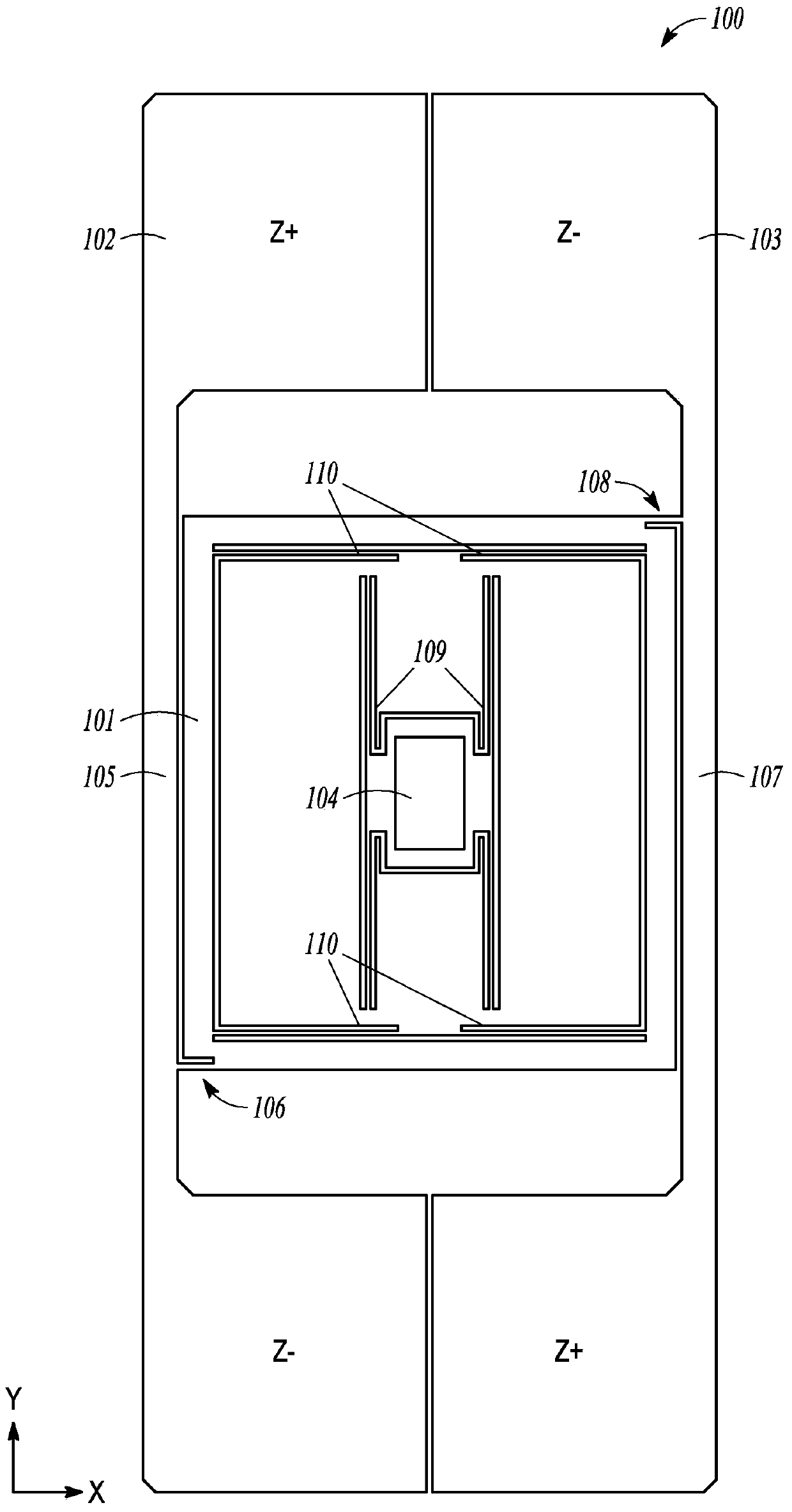 Mems proof mass with split z-axis portions