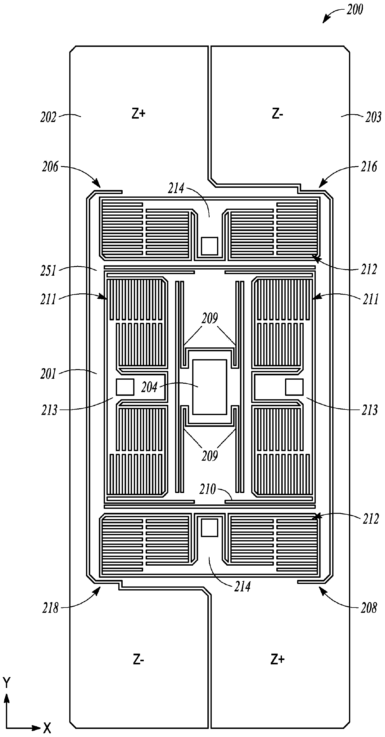 Mems proof mass with split z-axis portions