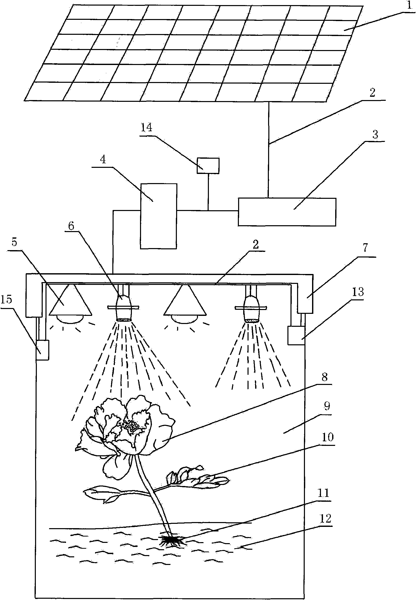 Flower forcing device of solar energy photovoltaic power generation system in peony plant