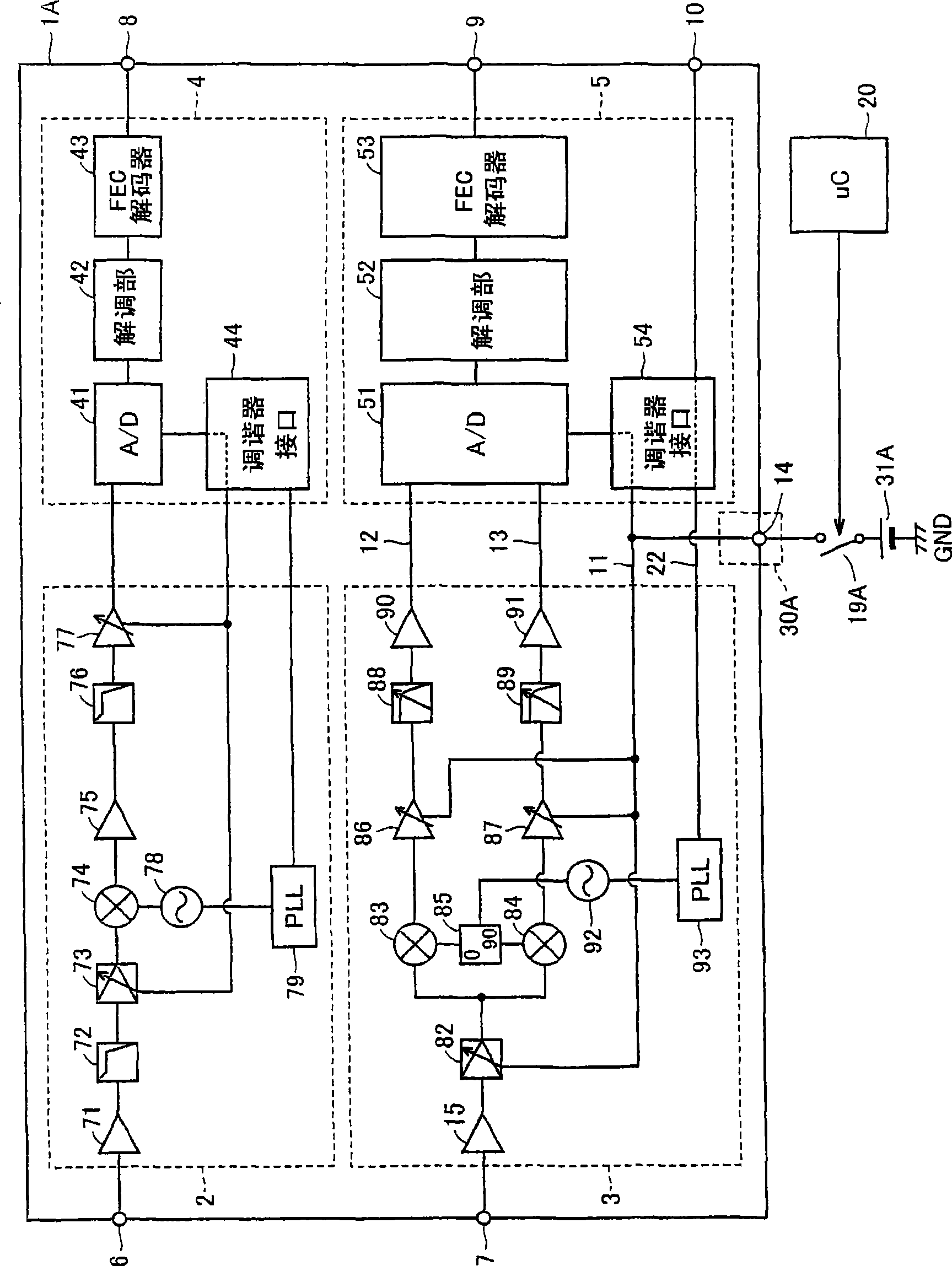 Composite tuner capable of preventing mutual interference between terrestrial broadcast and satellite broadcast