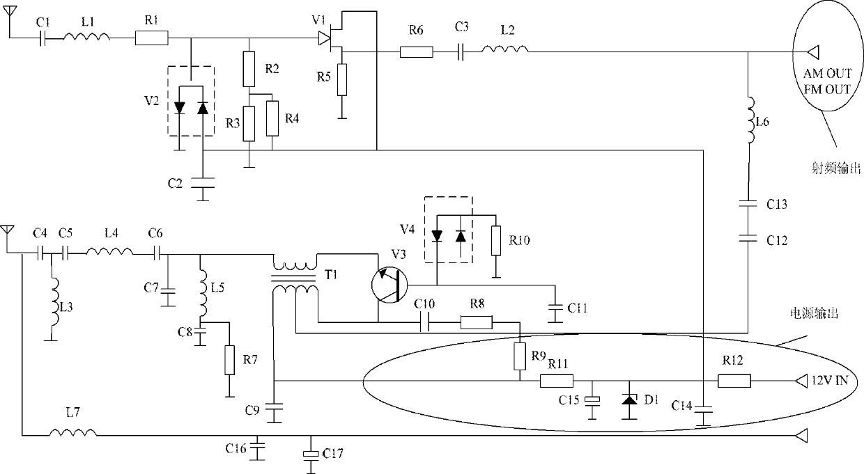 Transmission method for power supply signals and radiogram radio-frequency signals as well as antenna amplifier