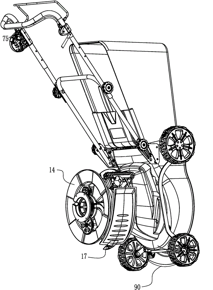 Three-wheel lawn mower having trimmer head and being capable of heightening single front wheel with flat rod to rotate angle changing gears