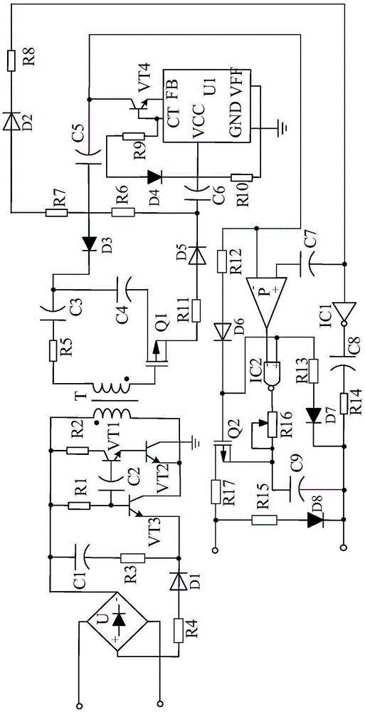 Emitter coupling type amplification-based oscillation drive control system of energy-saving power grid