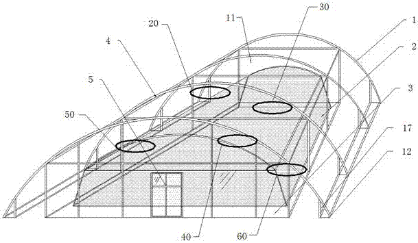 Double-layer type intelligent siamese plastic arched greenhouse for agricultural production