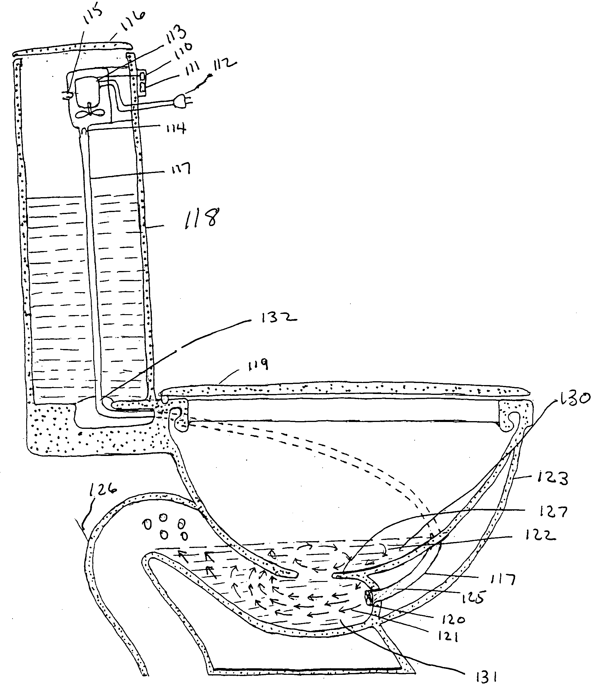 Method and apparatus to reduce toilet splash using water current and turbulence