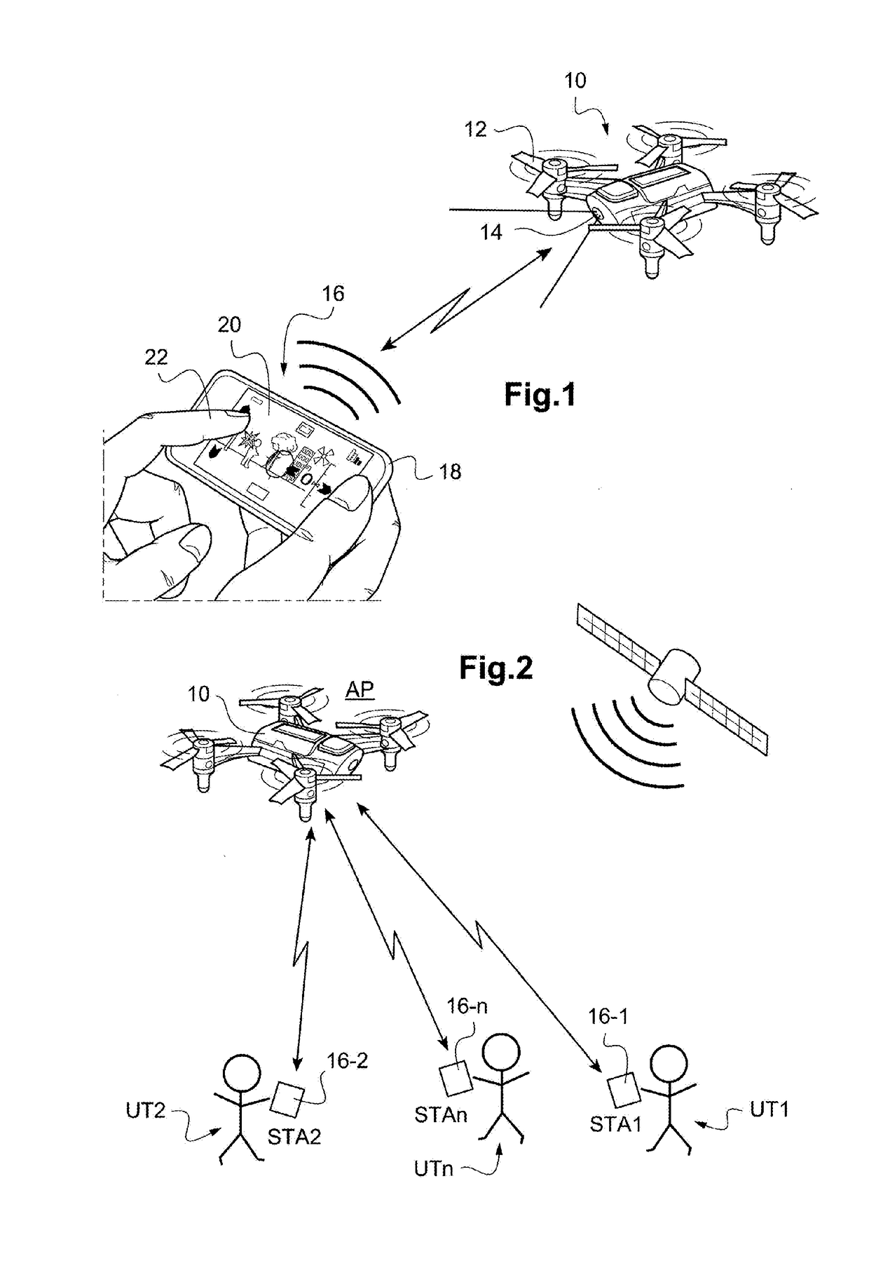 Local network for the simultaneous exchange of data between a drone and a plurality of user terminals