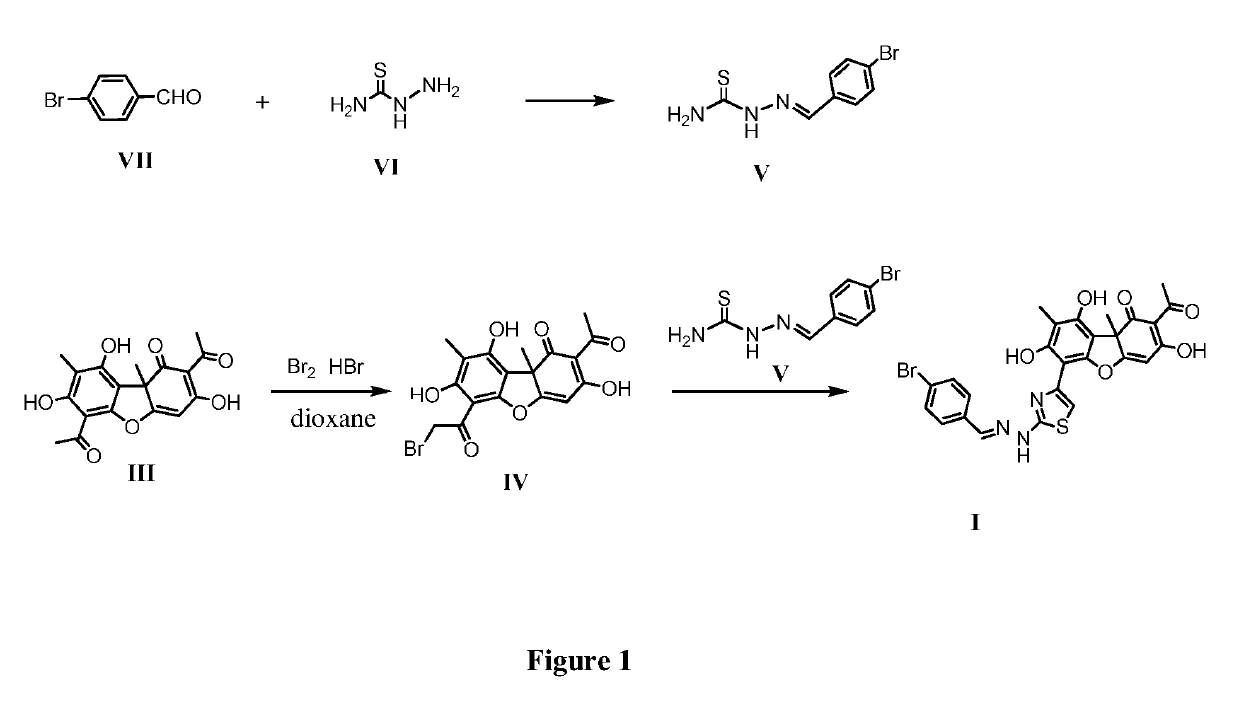 2-acetyl-6-(2-(2-(4-bromobenzylidene)hydrazinyl)thiazole-4-yl)-3,7,9-trihy- droxy-8,9b-dimethyldibenzo[,b,d]furan-1(9bh)-one exhibiting an inhibitory effect on human tyrosyl-DNA-phosphodiesterase 1 enzyme