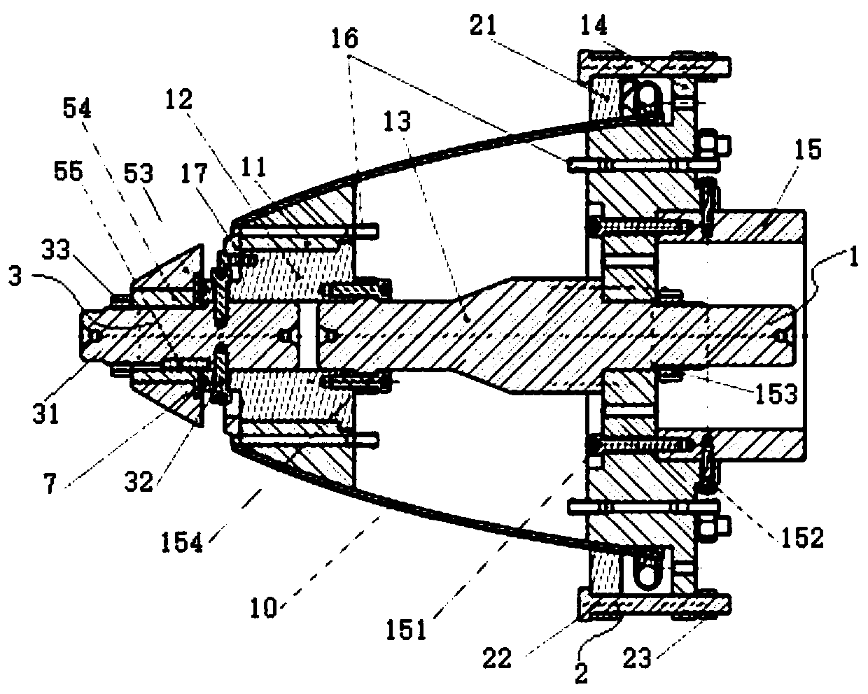Combined tool for thrust chamber preparation process and thrust chamber preparation process