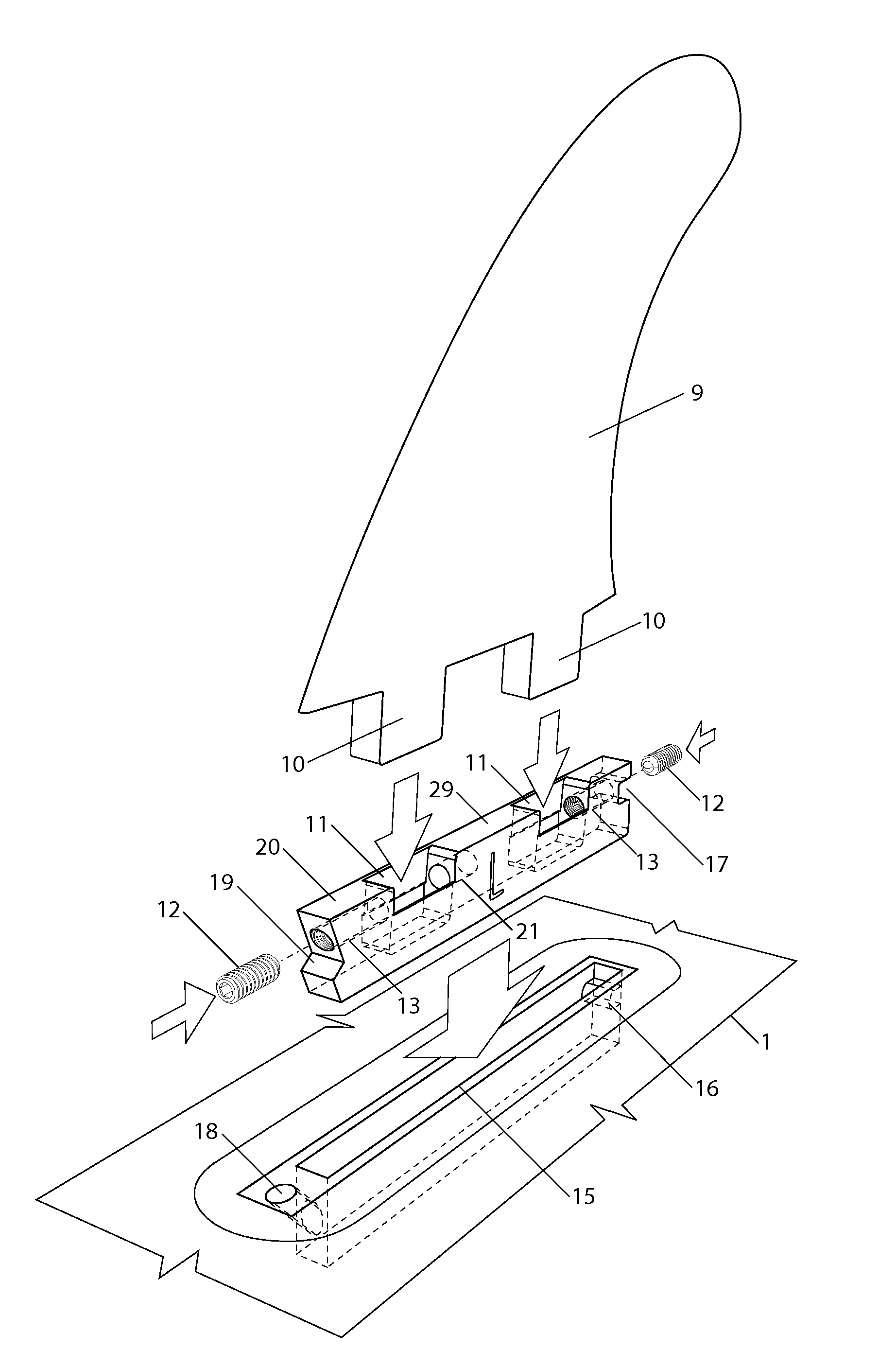 Adapter for the Insert of Two-Tabbed Fins into Single-Tabbed Fin Boxes of a Surfboard