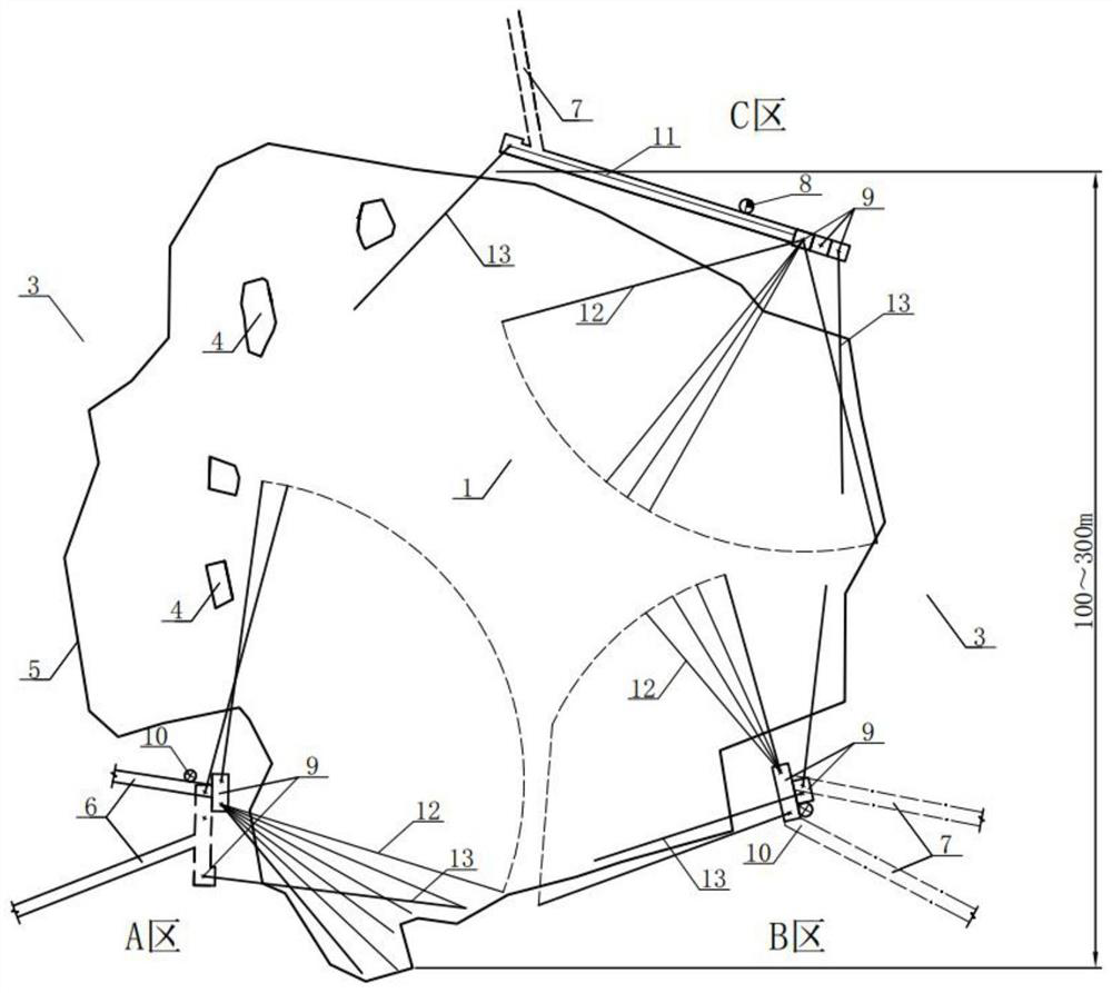 Structural arrangement suitable for caving treatment of large goaf of underground mine