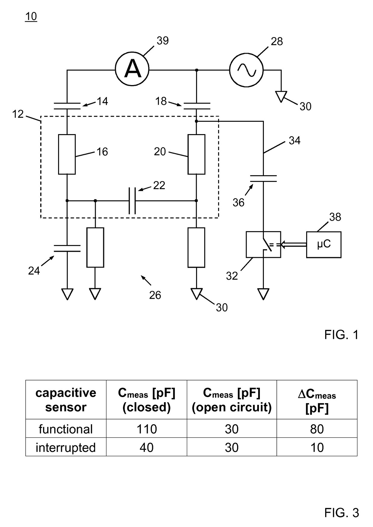 Capacitive sensing system with hardware diagnostics concept for detection of sensor interruption