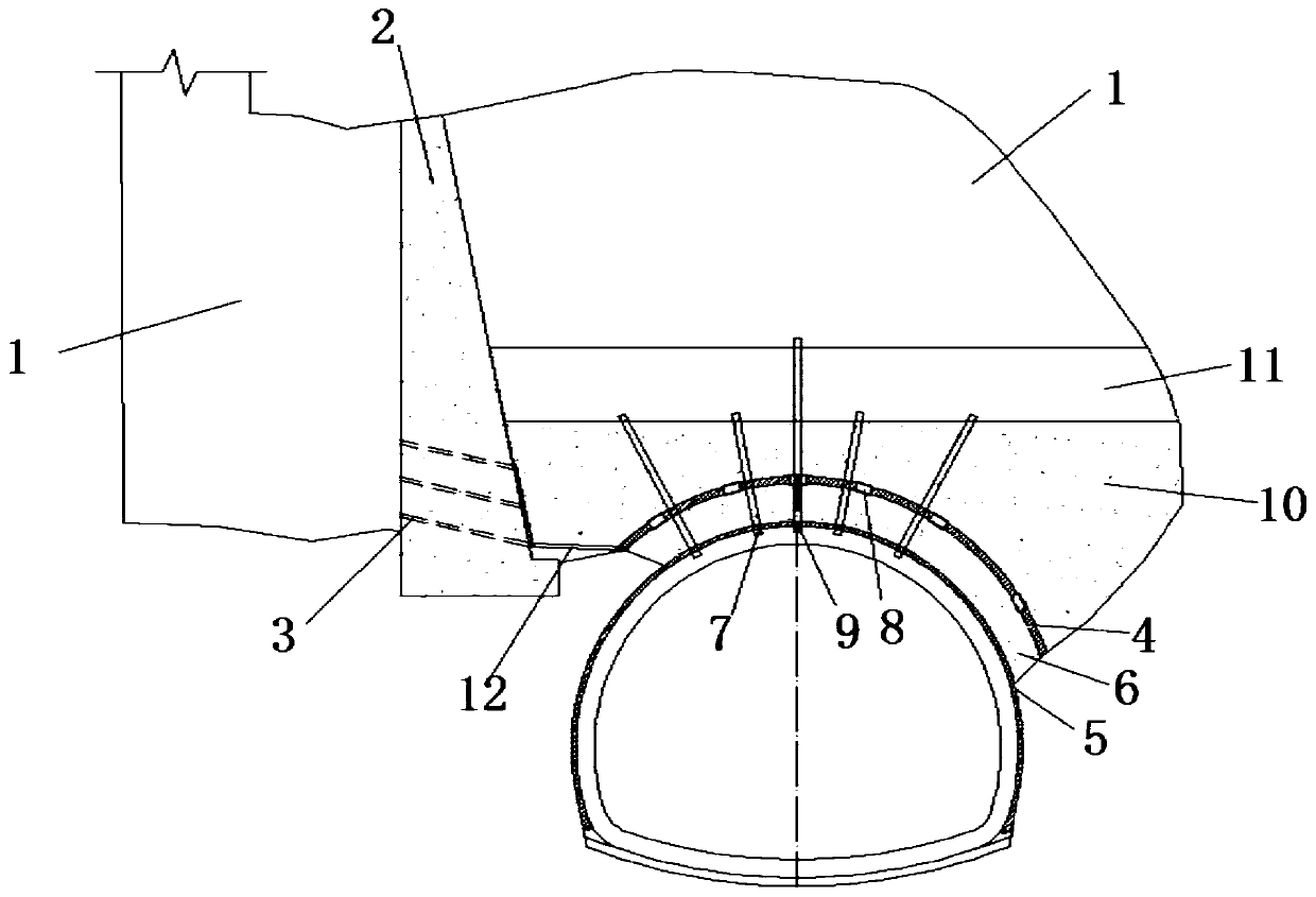 Protection structure of karst cave at upper part of tunnel