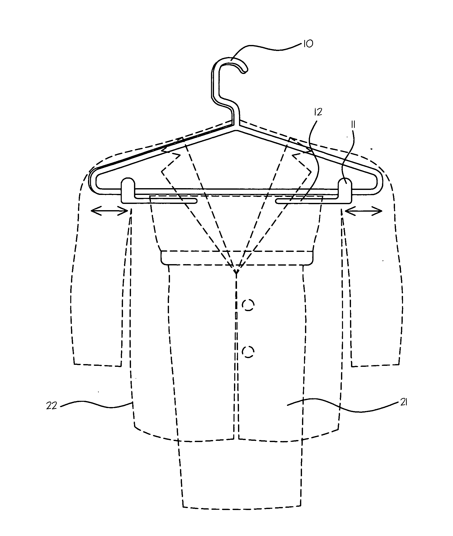 Men's suit hanger with 'L' shaped elongated clip wing for holding a long men's trouser in a short closet