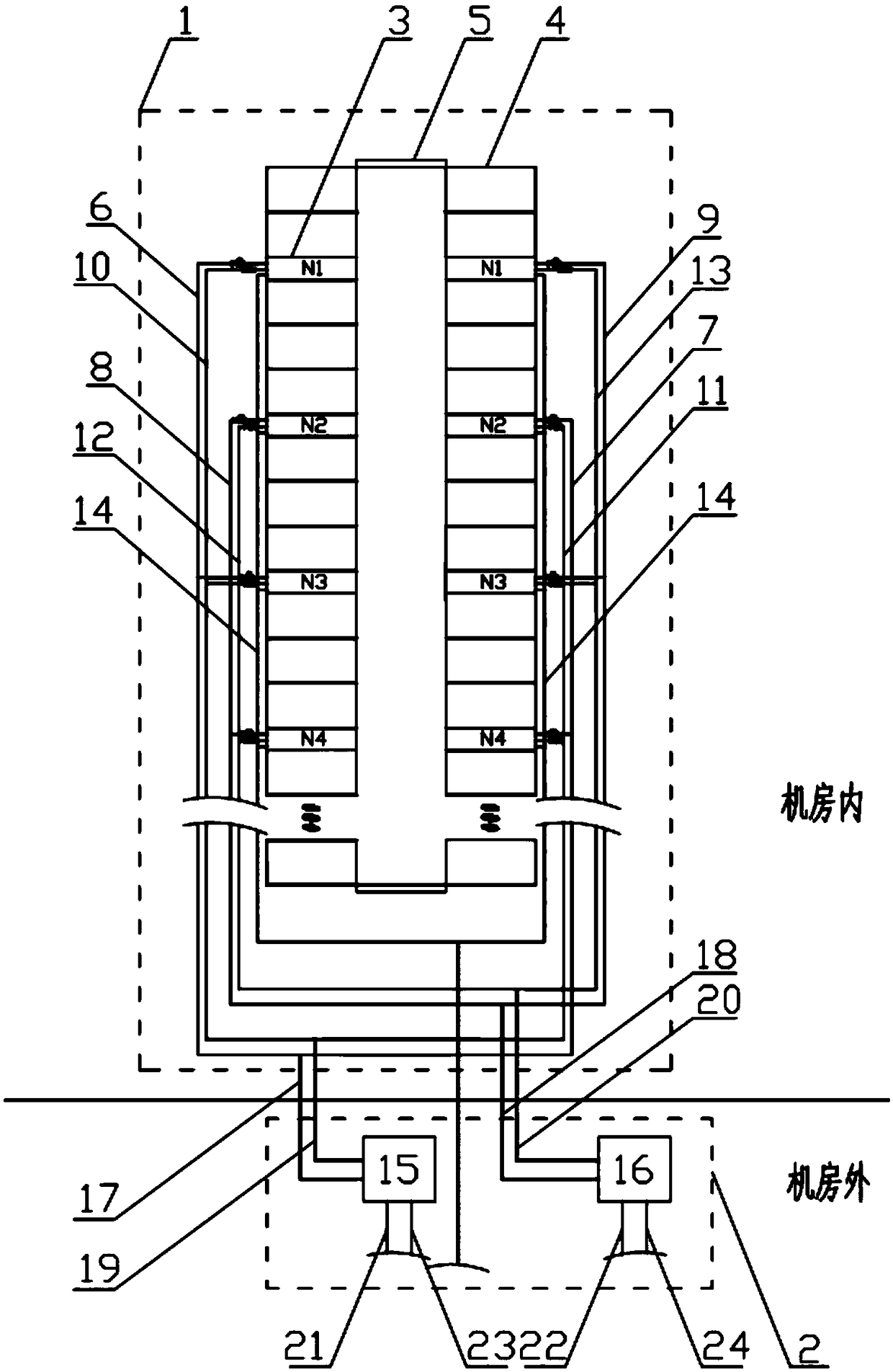 Power heat pipe inter-column air conditioning system