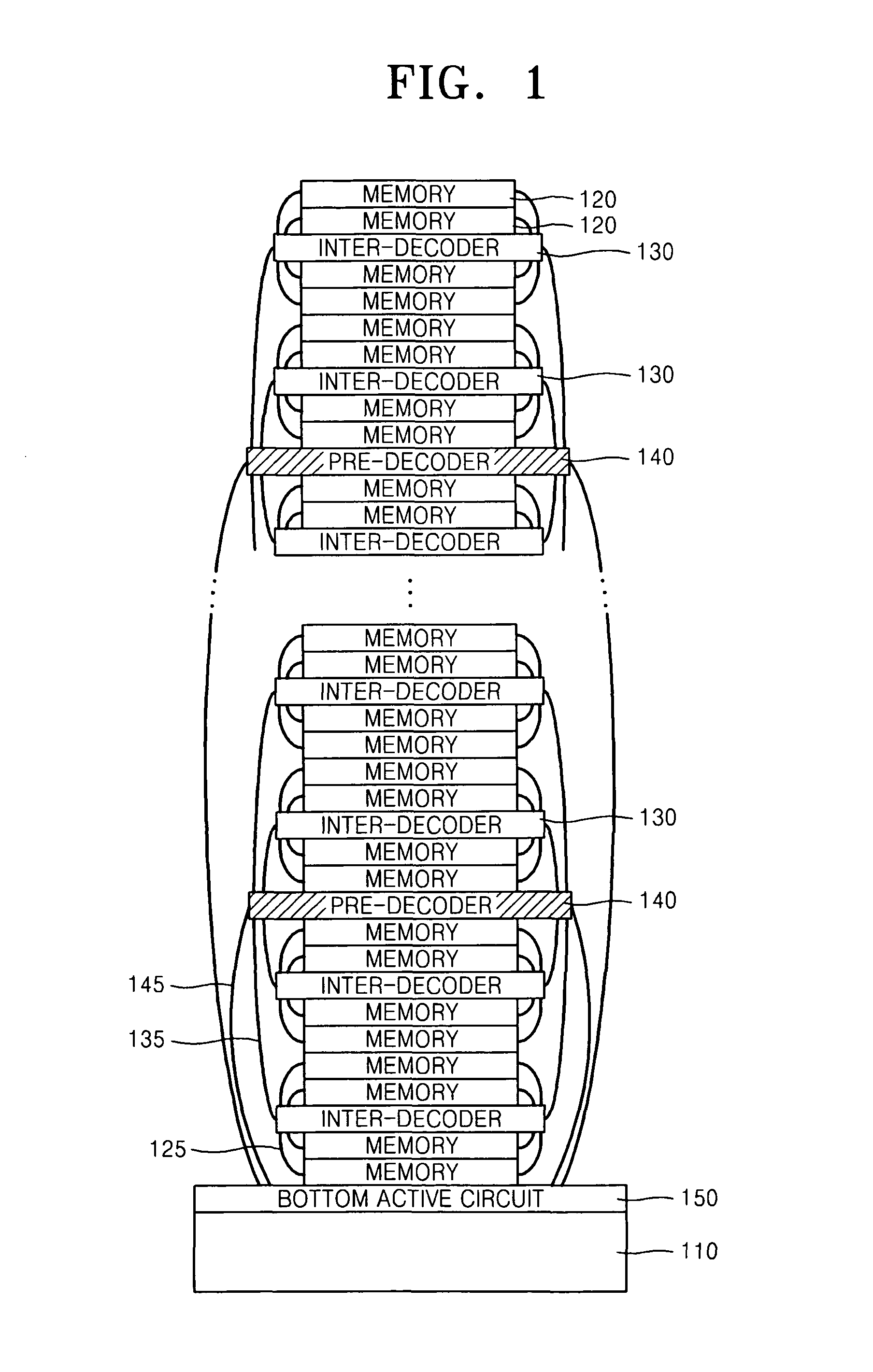 Stacked memory device including a pre-decoder/pre-driver sandwiched between a plurality of inter-decoders/inter-drivers