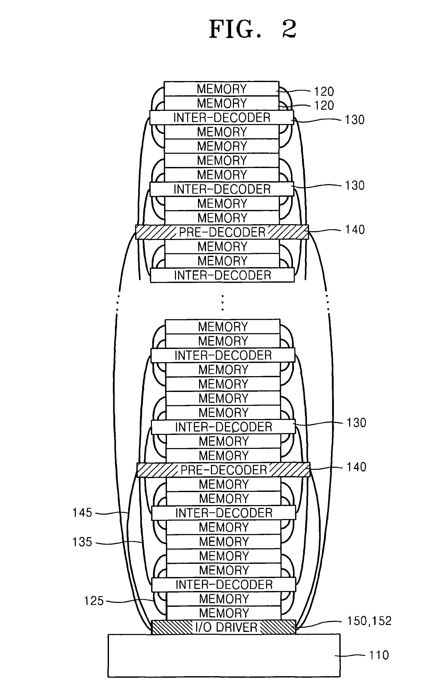 Stacked memory device including a pre-decoder/pre-driver sandwiched between a plurality of inter-decoders/inter-drivers