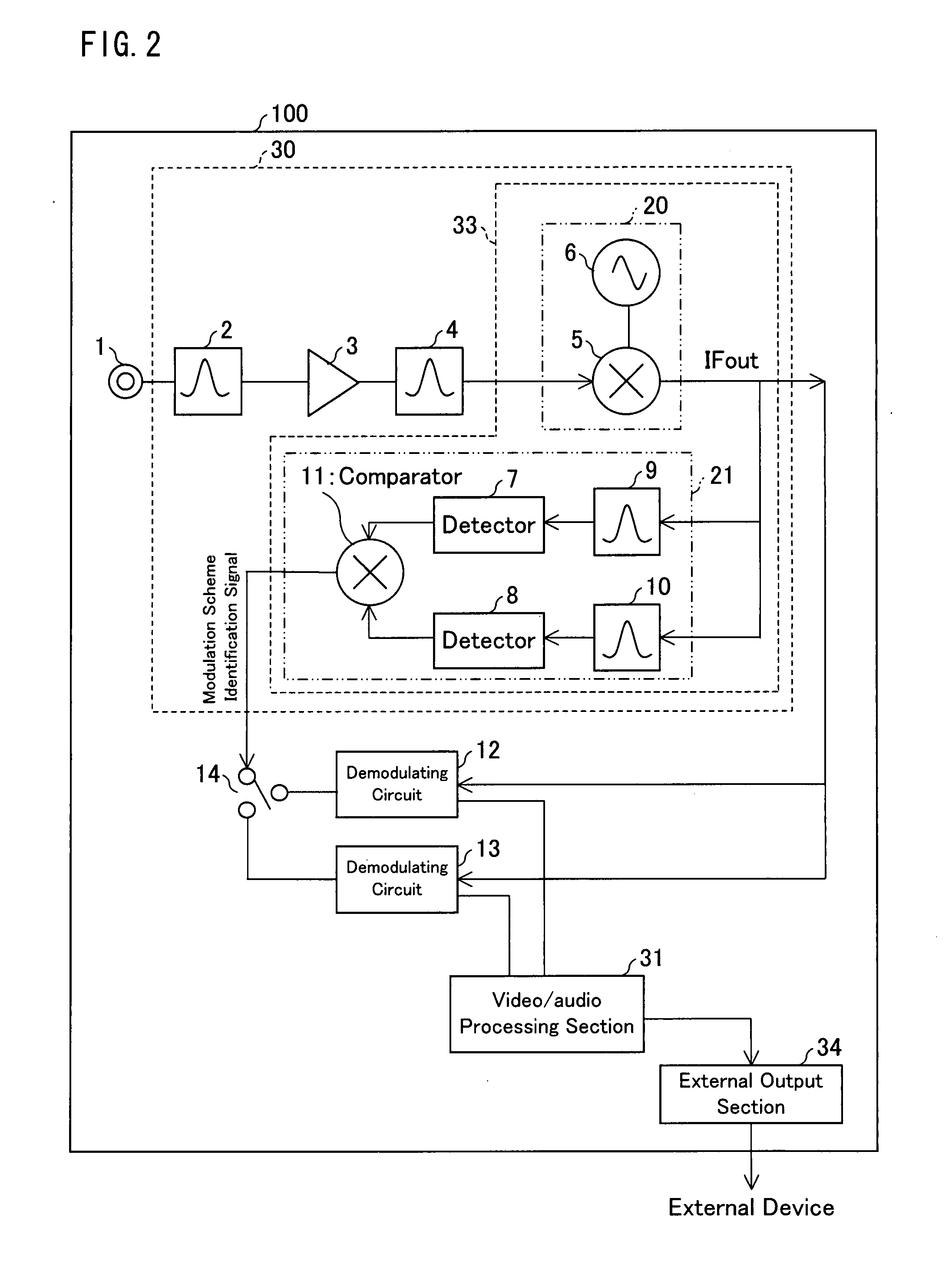 Detecting circuit, modulation scheme identifying circuit, integrated circuit, tuning device, and common multi-scheme receiving device