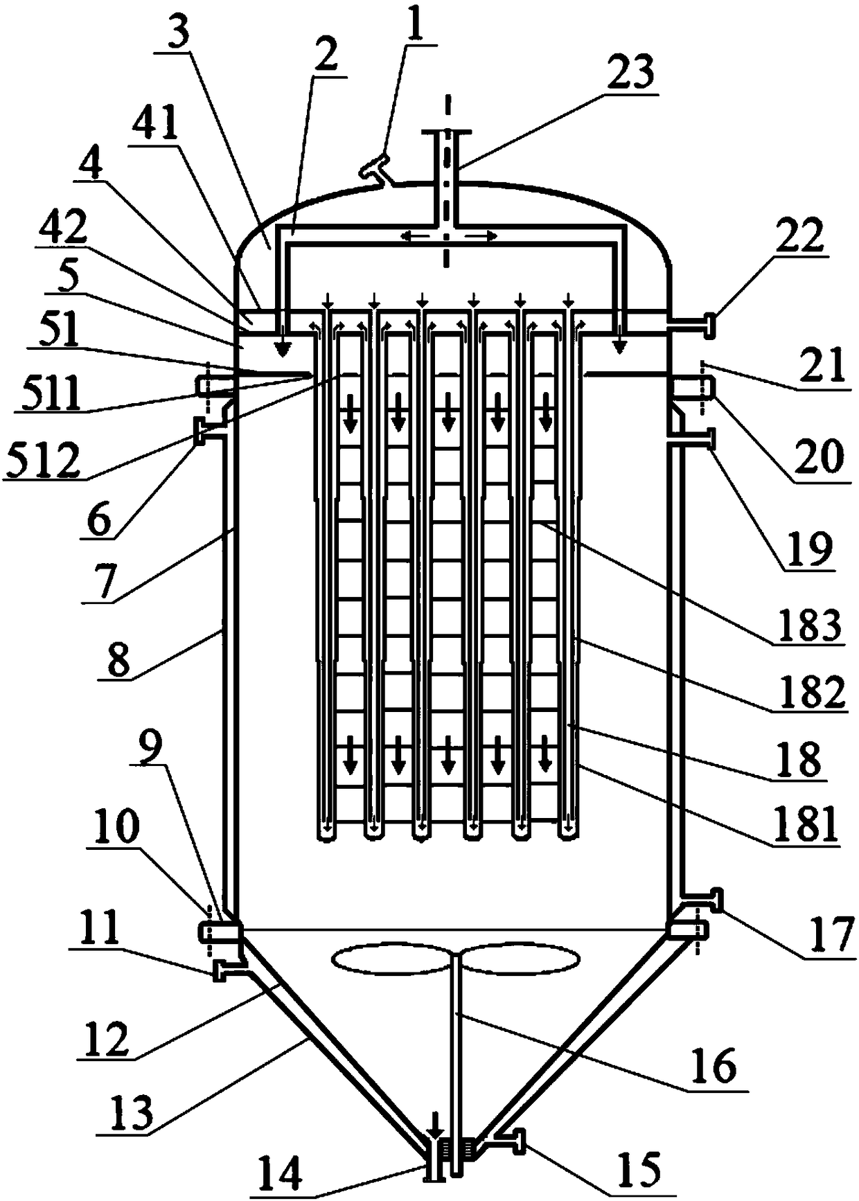 A method of falling film melt polycondensation reaction between rows of tubes for preparing high-viscosity melt and its reactor
