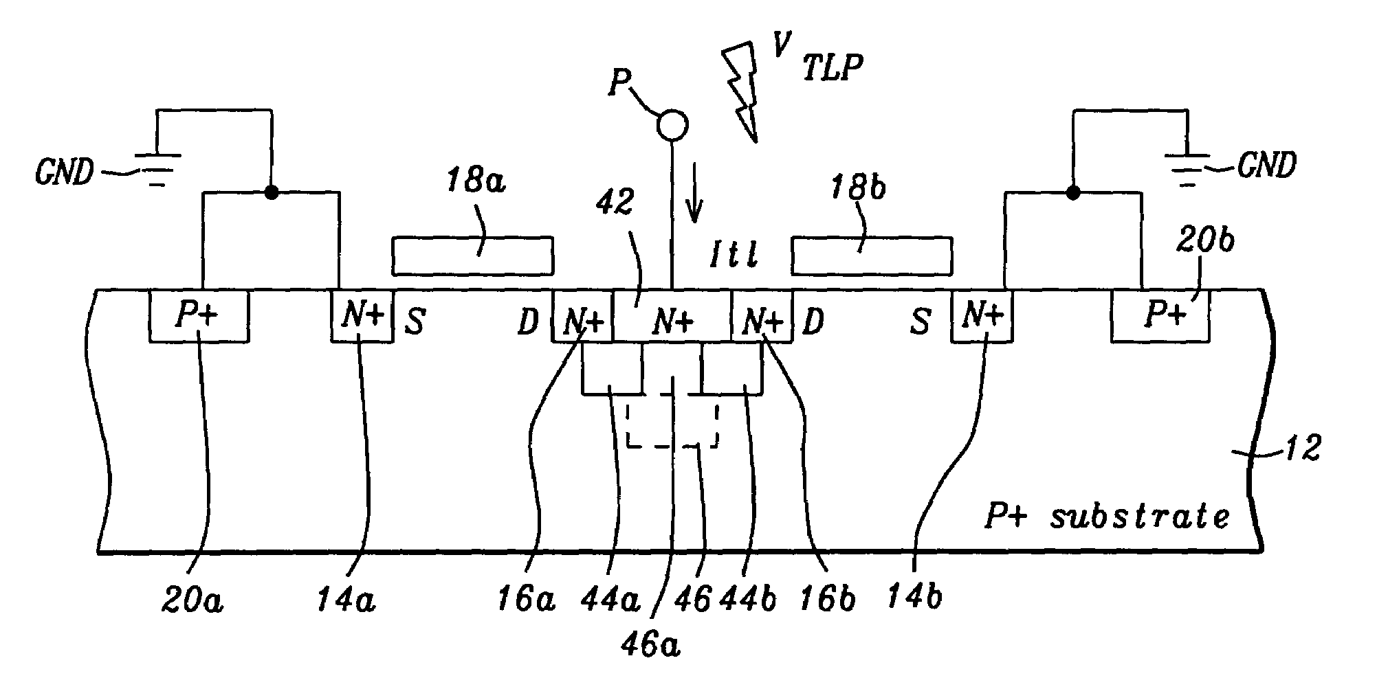 Electrostatic discharge protection device with complementary dual drain implant
