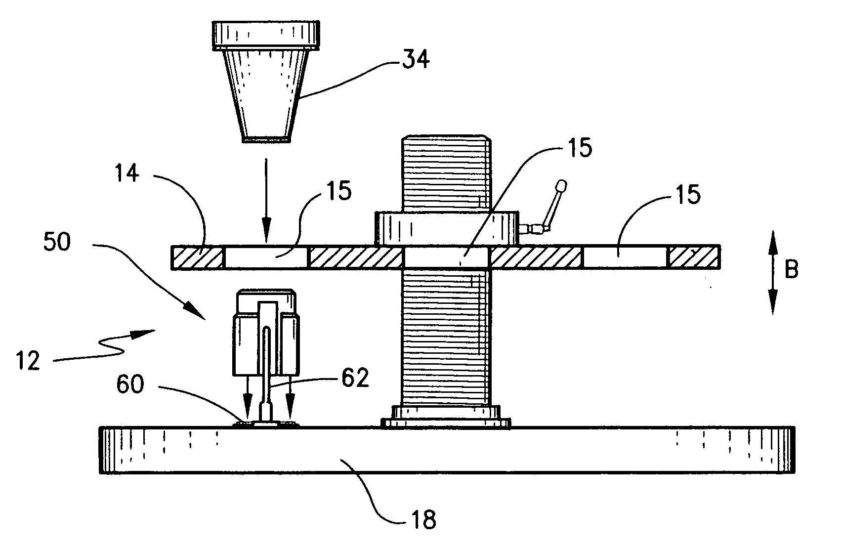 Hold down assembly, with tubular container transport apparatus and methodology incorporating the same