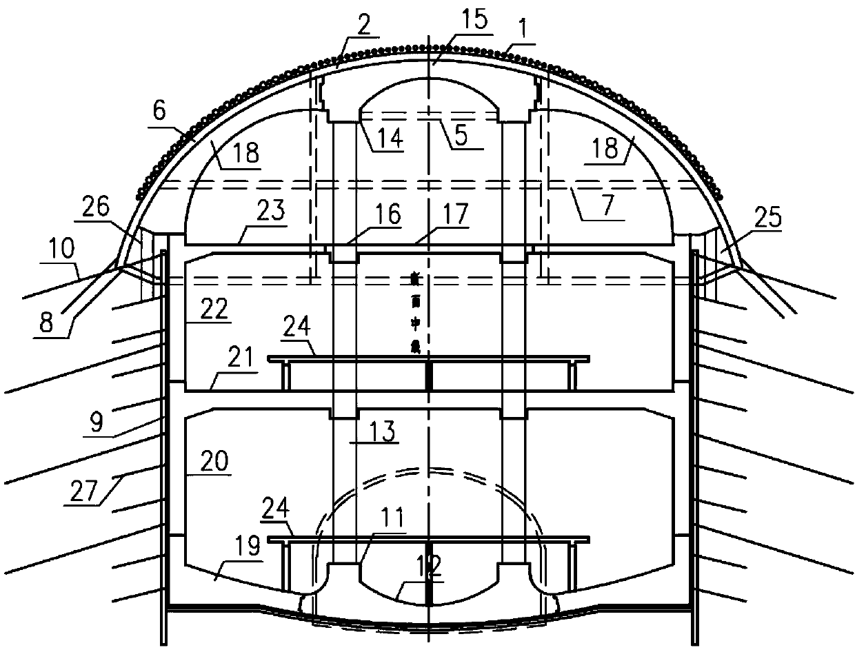 Canopy structure and construction method of three-story subway station in underground excavation in rocky strata