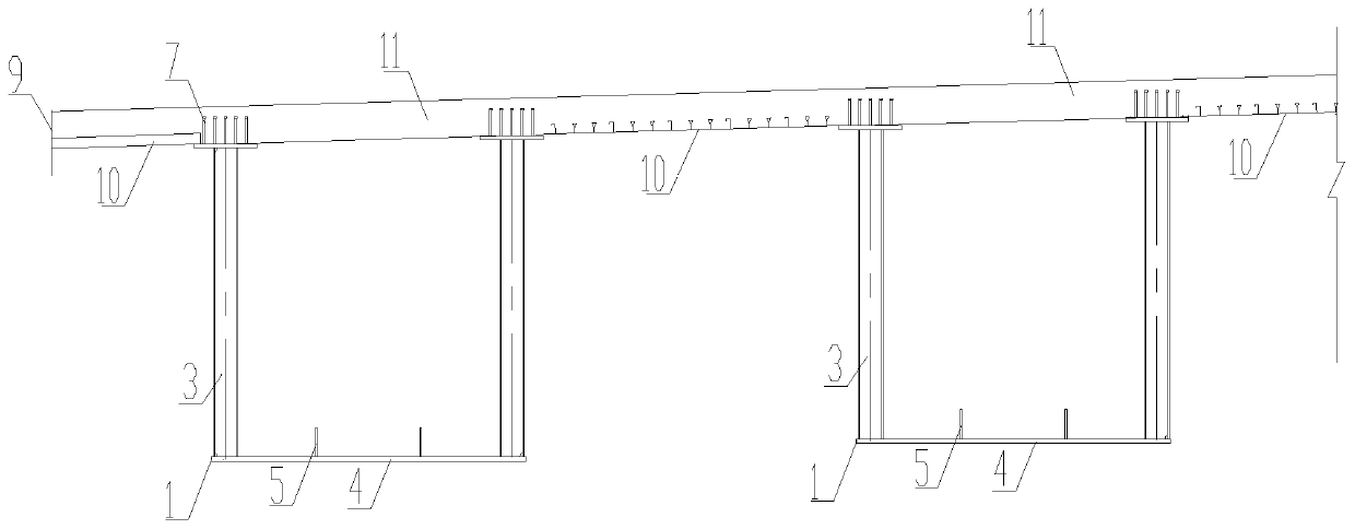 Large-span variable-width corrugated web steel box-concrete continuous beam bridge and construction method thereof