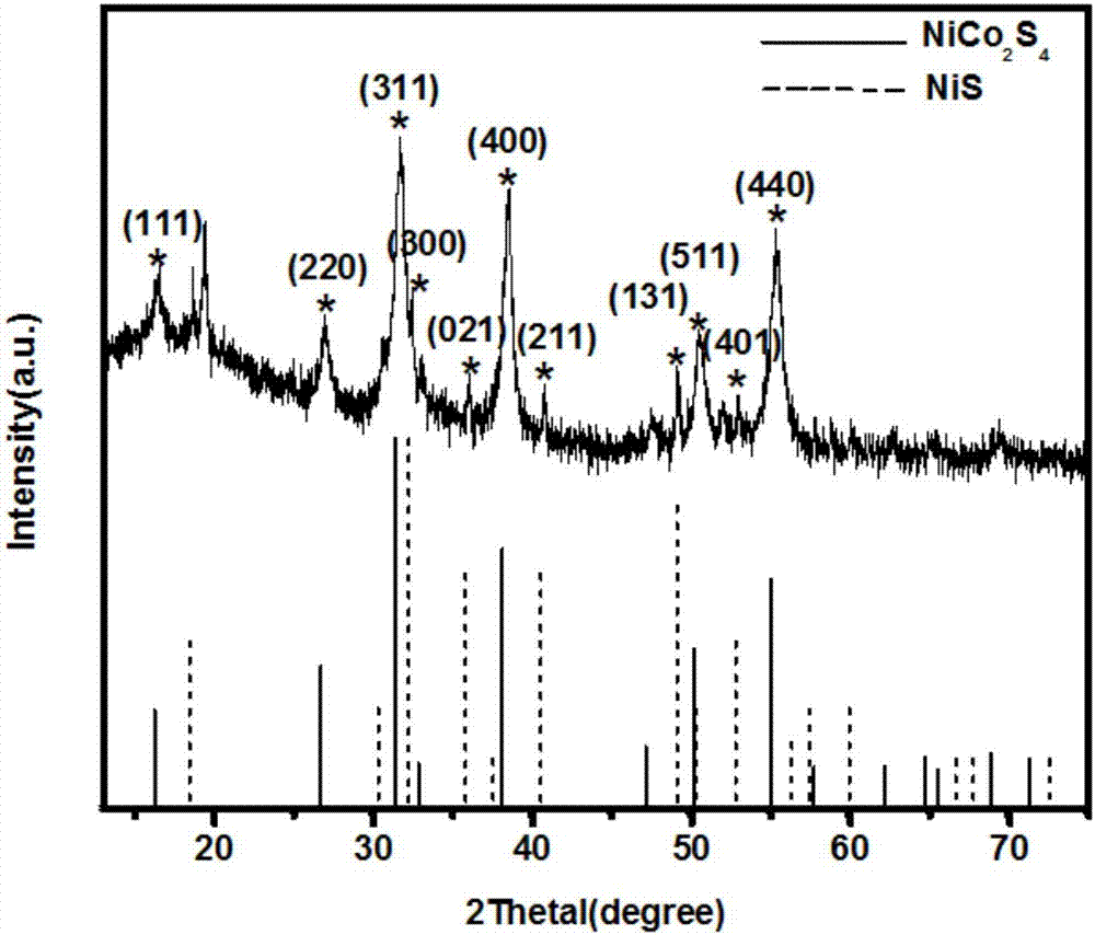 NiCo2S4/XS (X=Ni, Co) composite nanometer material and preparation method and application thereof