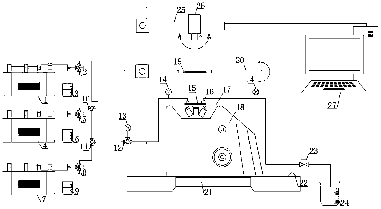 Test device and method for research of rock pore scale multi-phase flow motion characteristic