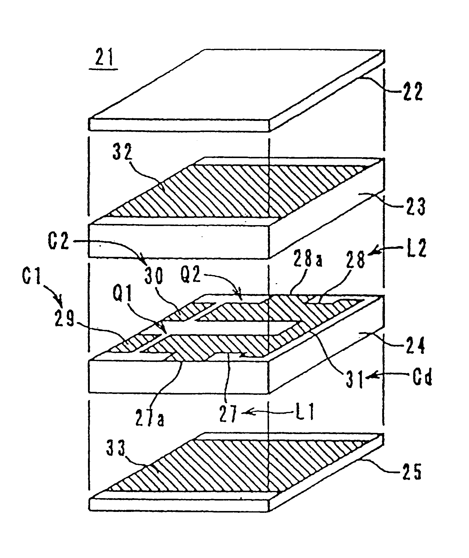 Multi-layered LC composite with a connecting pattern capacitively coupling inductors to ground