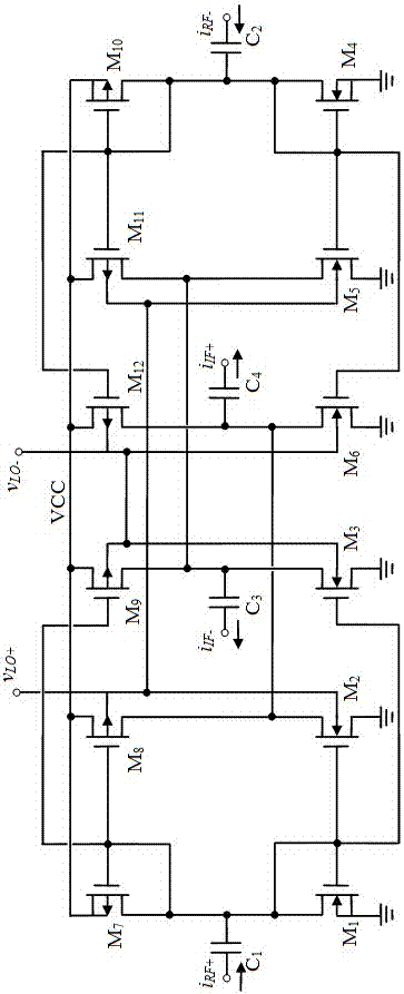 Current mode active device-based wideband radio frequency mixer