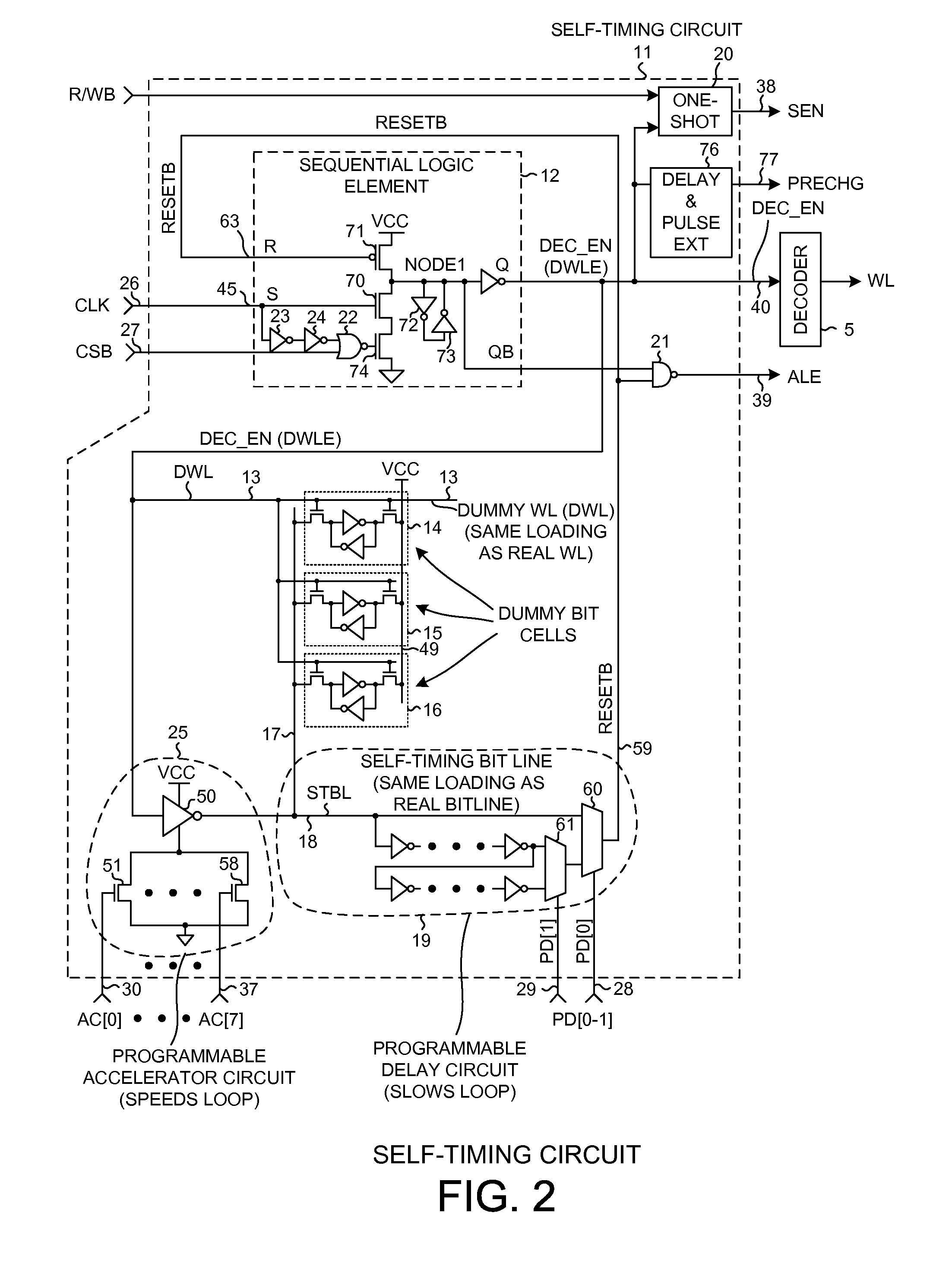 Self-timing circuit with programmable delay and programmable accelerator circuits