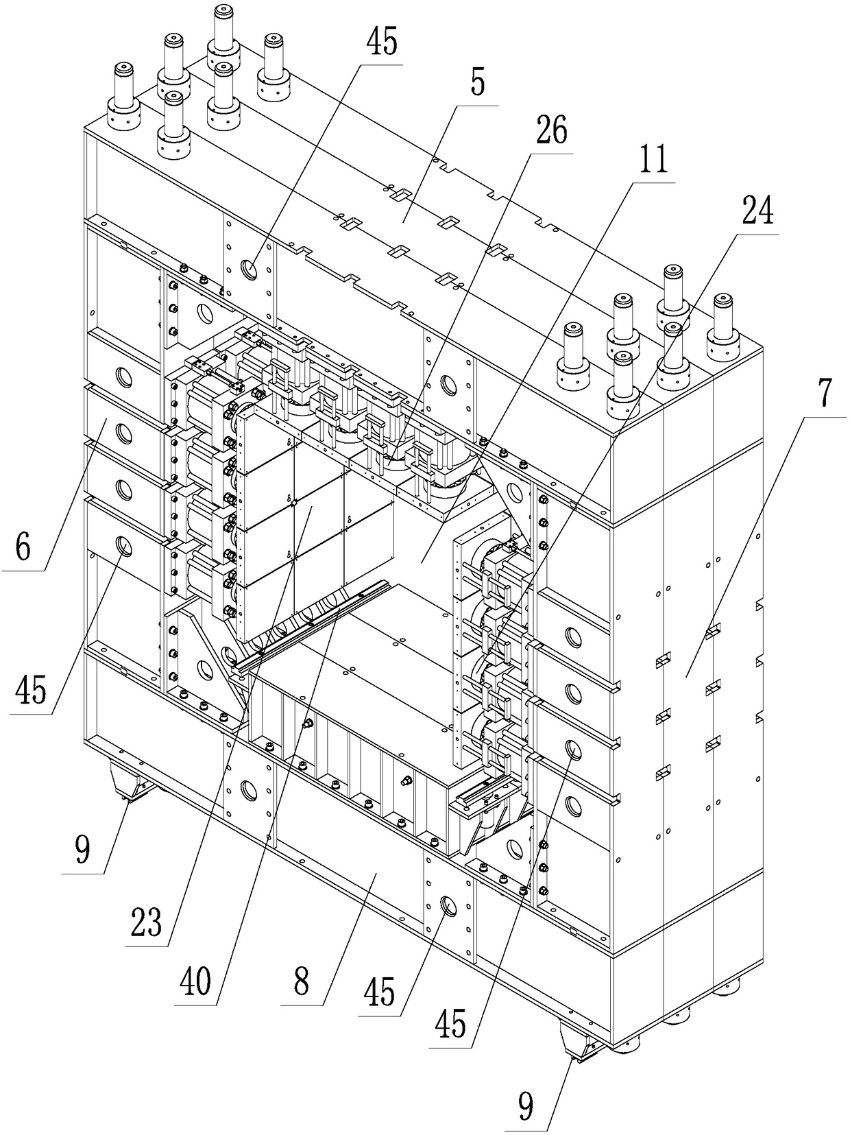 Large-size three-dimensional physical model displacement control overload test system and method