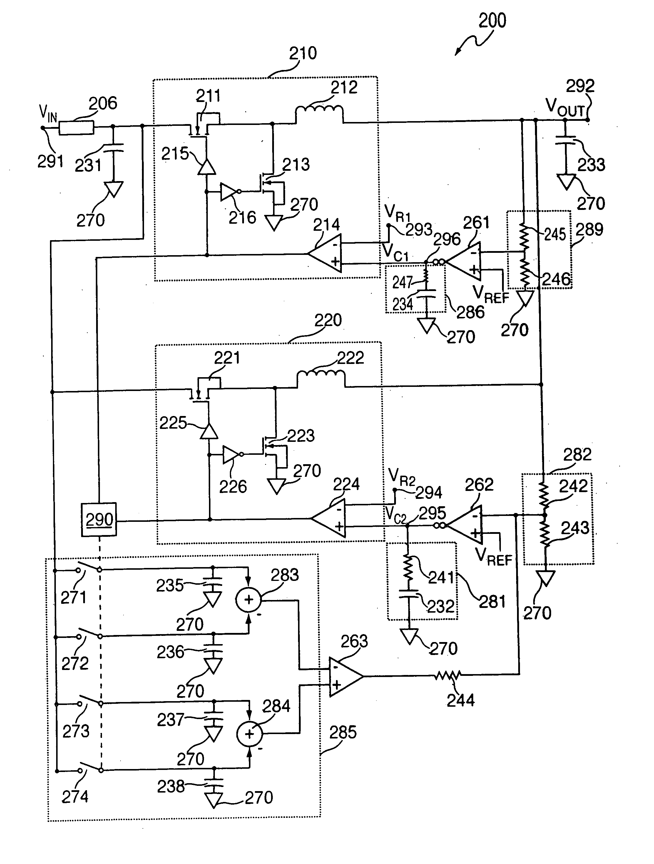 Circuits and methods for providing multiple phase switching regulators which employ the input capacitor voltage signal for current sensing