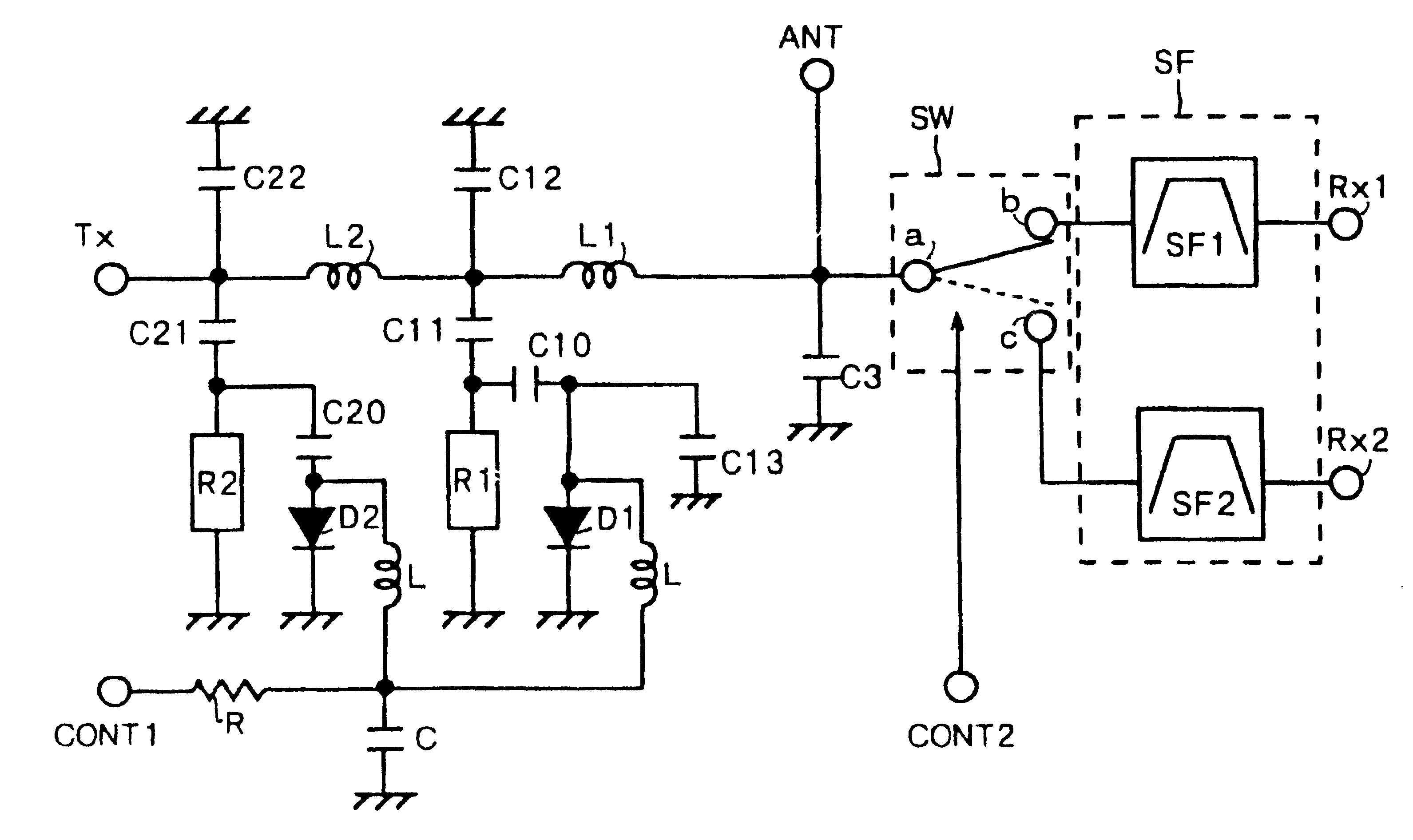 Duplexer and communication apparatus with first and second filters, the second filter having plural switch selectable saw filters