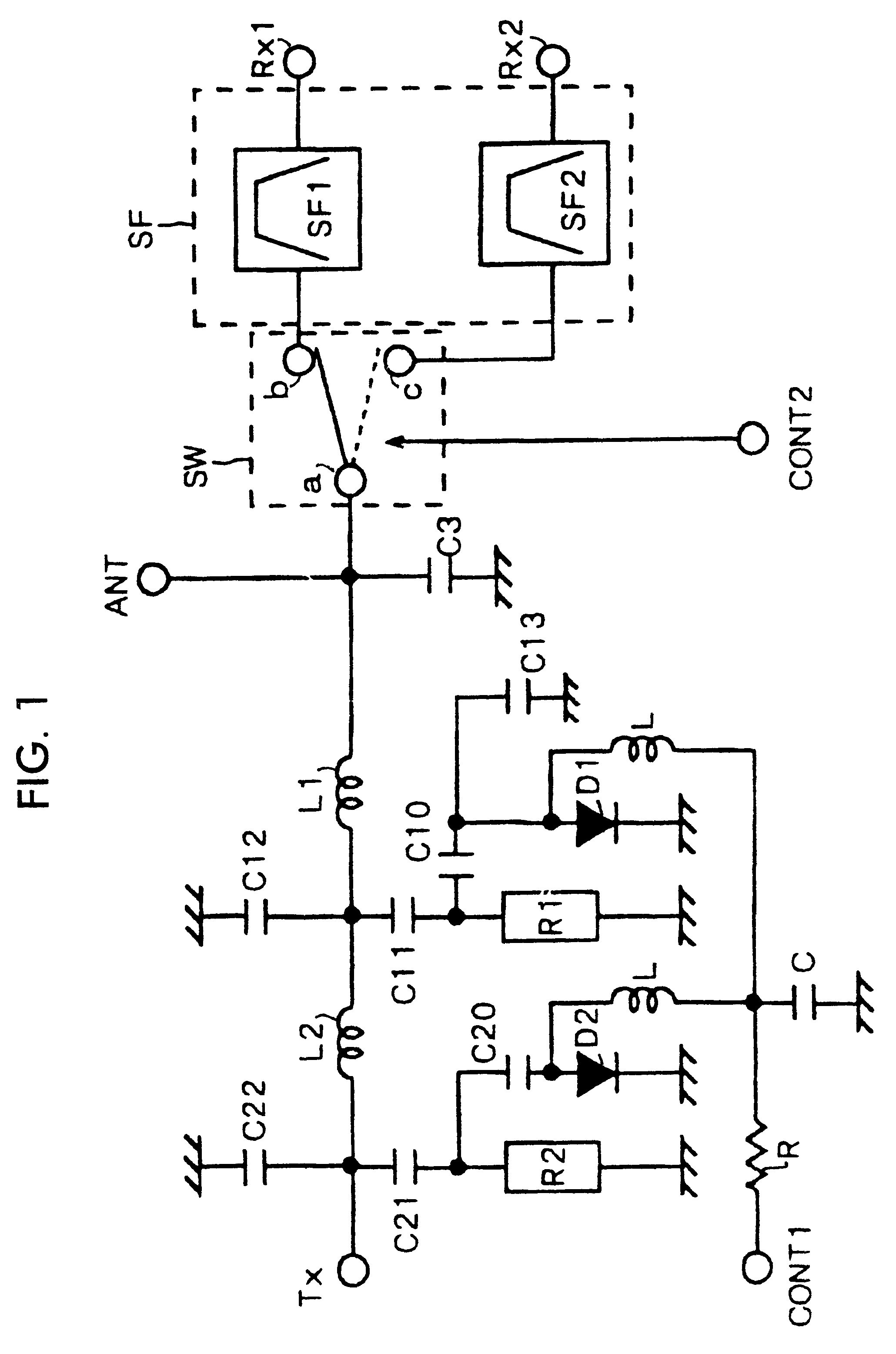 Duplexer and communication apparatus with first and second filters, the second filter having plural switch selectable saw filters