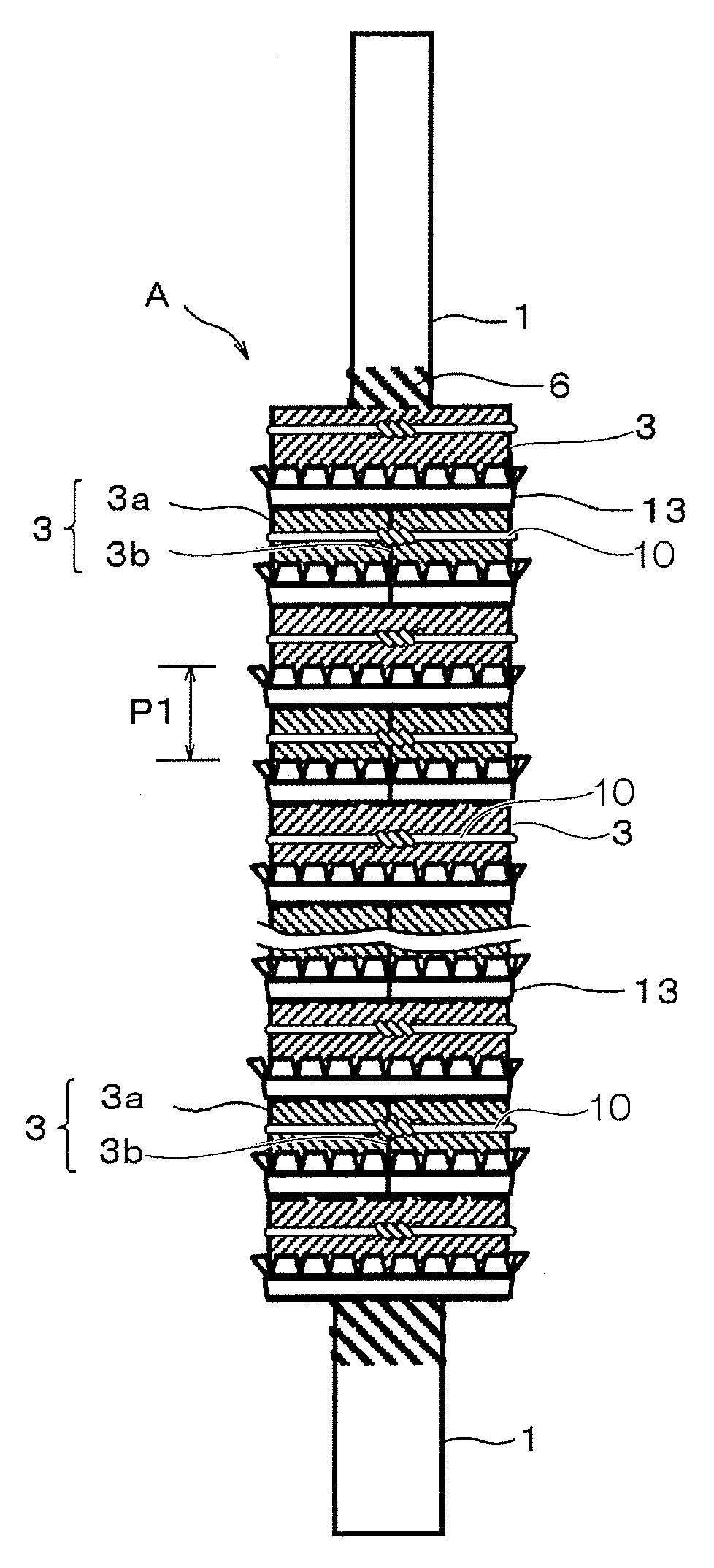 Pipe/filler unit, internal heat exchanging type distillation column and production method thereof