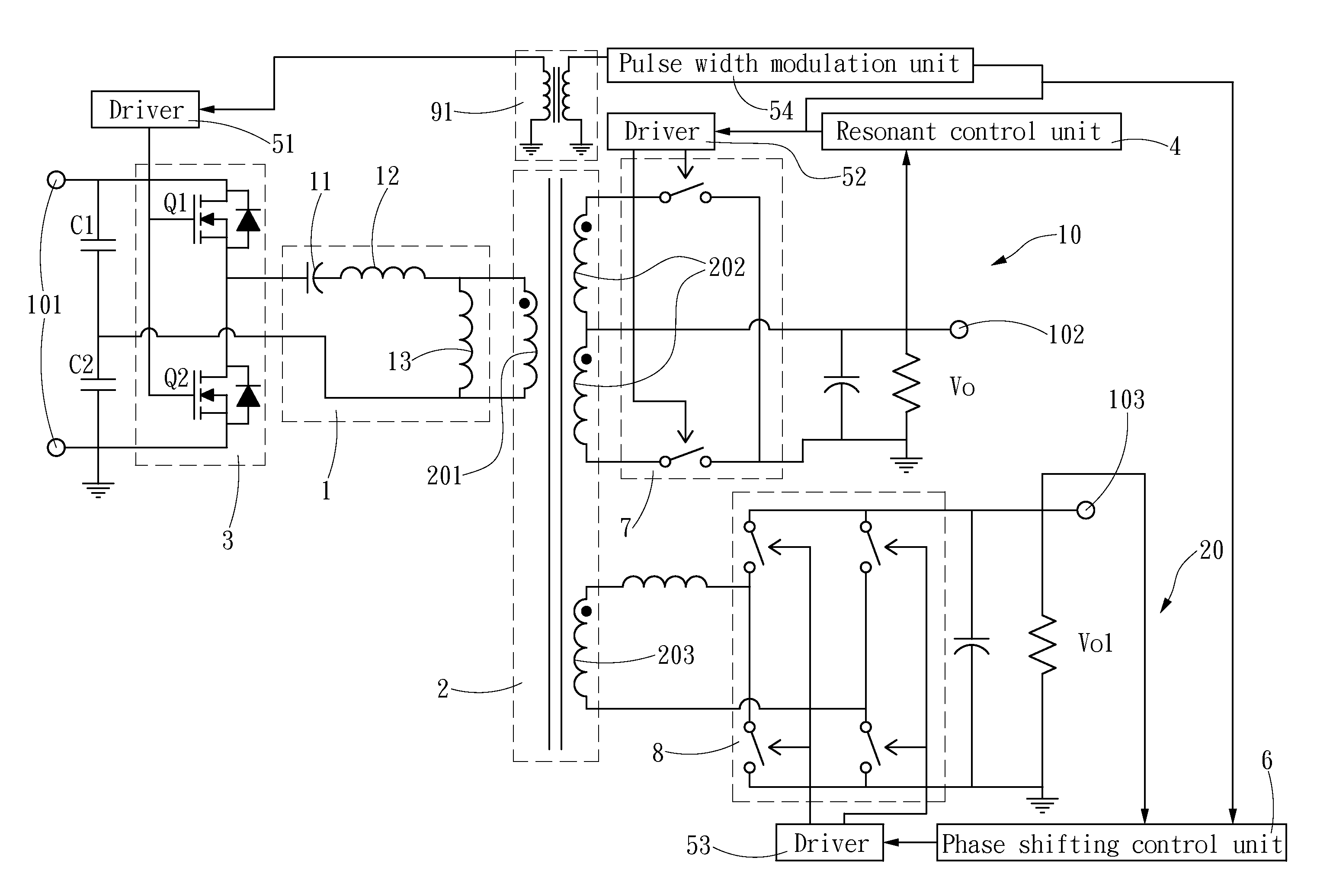 Resonant converter equipped with a phase shifting output circuit