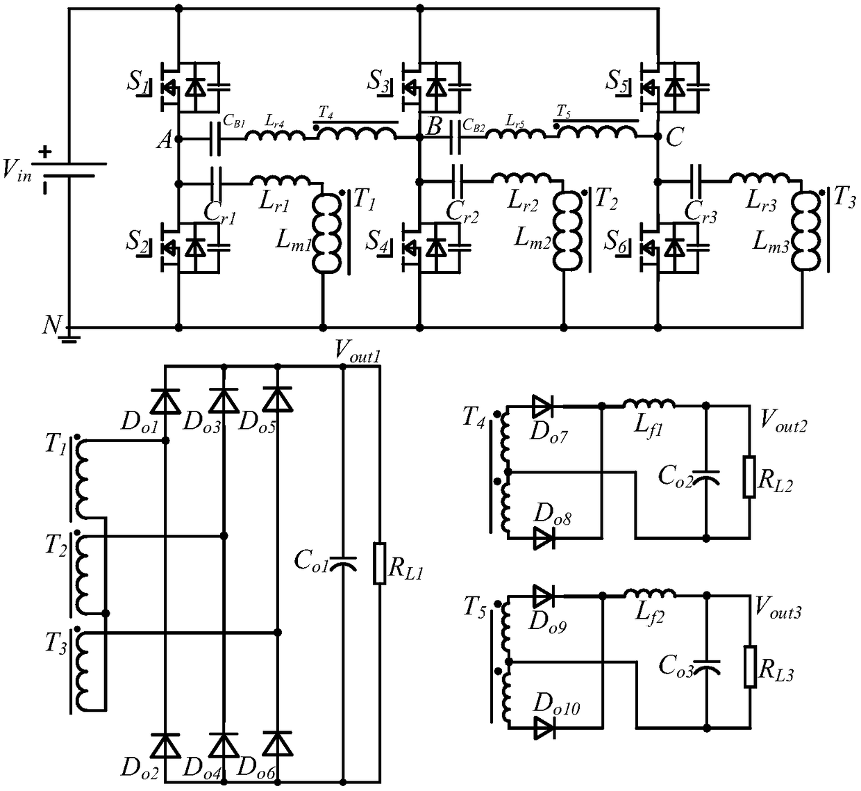 Isolated and hybrid modulated three-path output DC/DC converter based on three-phase LLC resonance circuit and phase-shifted full-bridge circuit