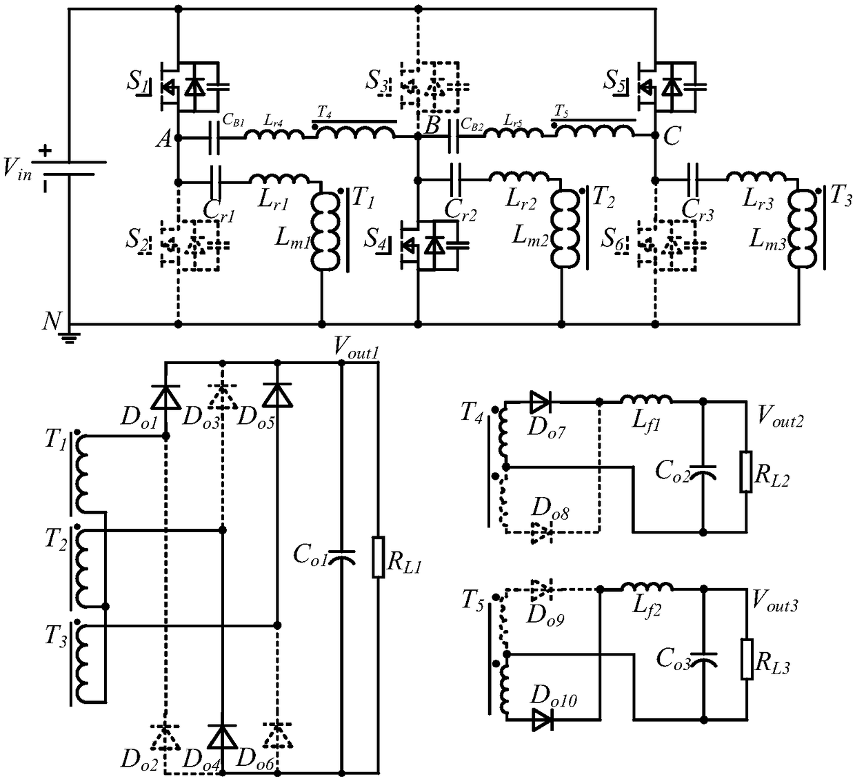 Isolated and hybrid modulated three-path output DC/DC converter based on three-phase LLC resonance circuit and phase-shifted full-bridge circuit