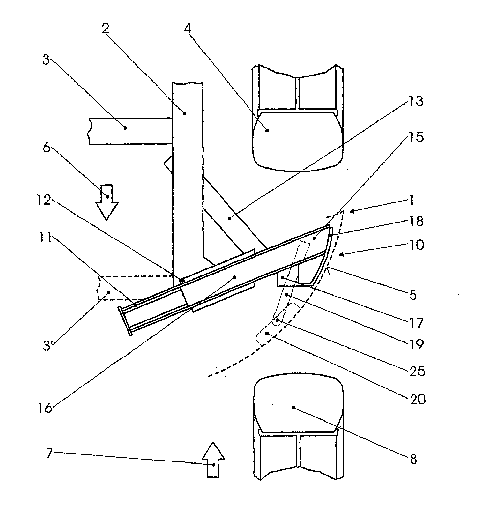 Deflector device for partially overlapping frontal collision of motor vehicles