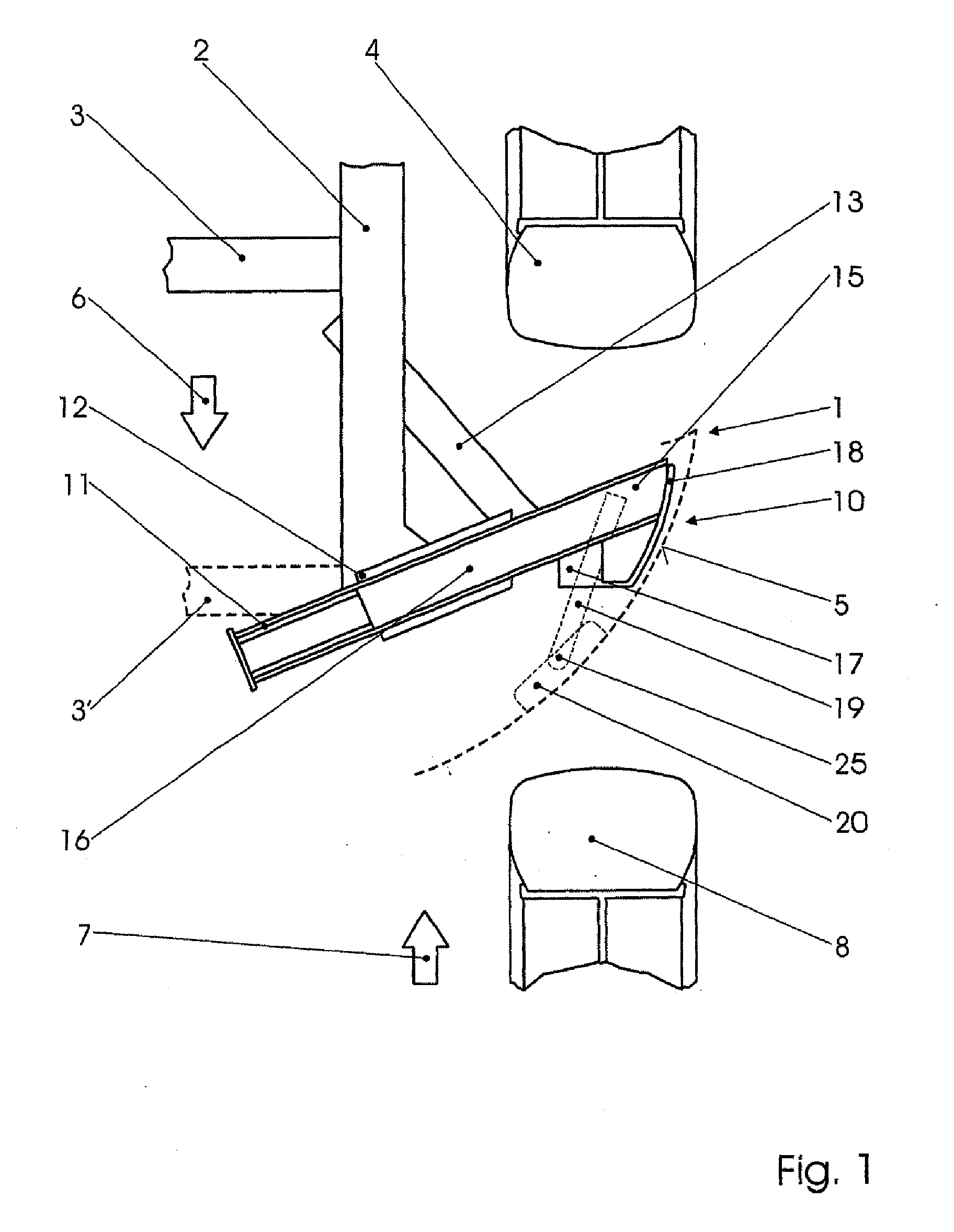 Deflector device for partially overlapping frontal collision of motor vehicles