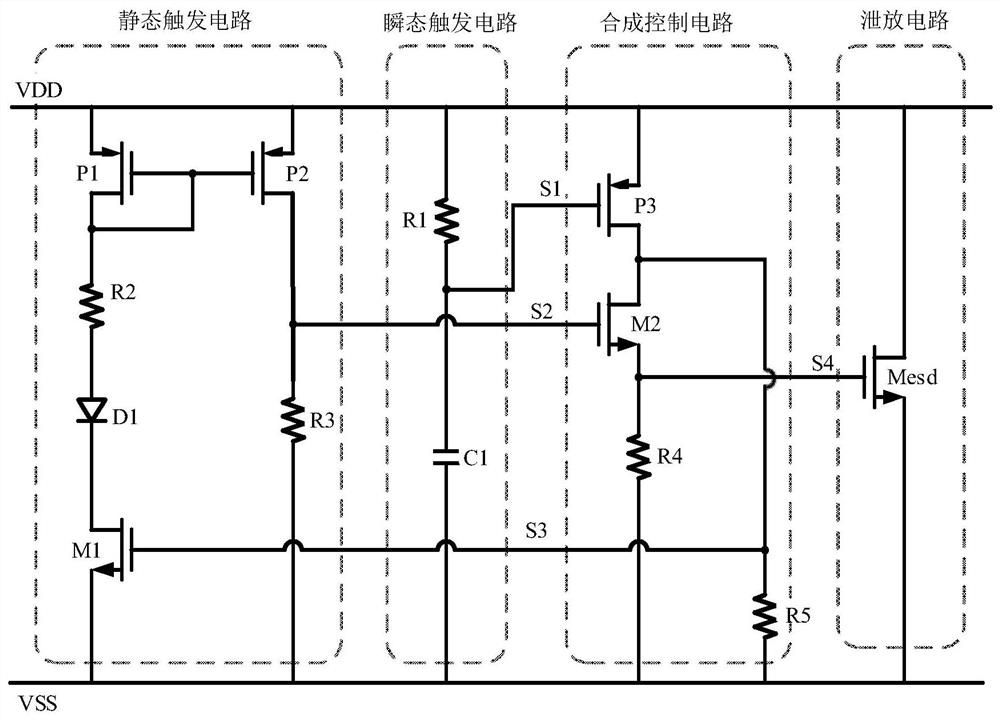 ESD power supply clamping protection circuit with double-trigger structure